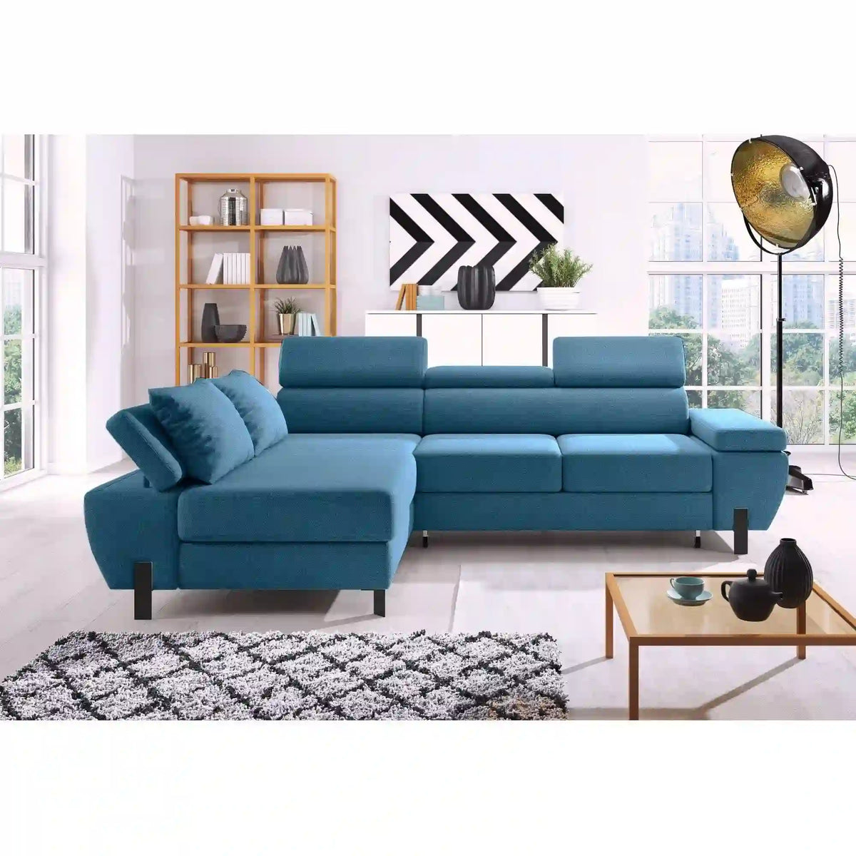 Coltar extensibil MOLINA MINI, personalizabil materiale gama Premium, cu lada depozitare si tetiere reglabile, 277x189x90 cm