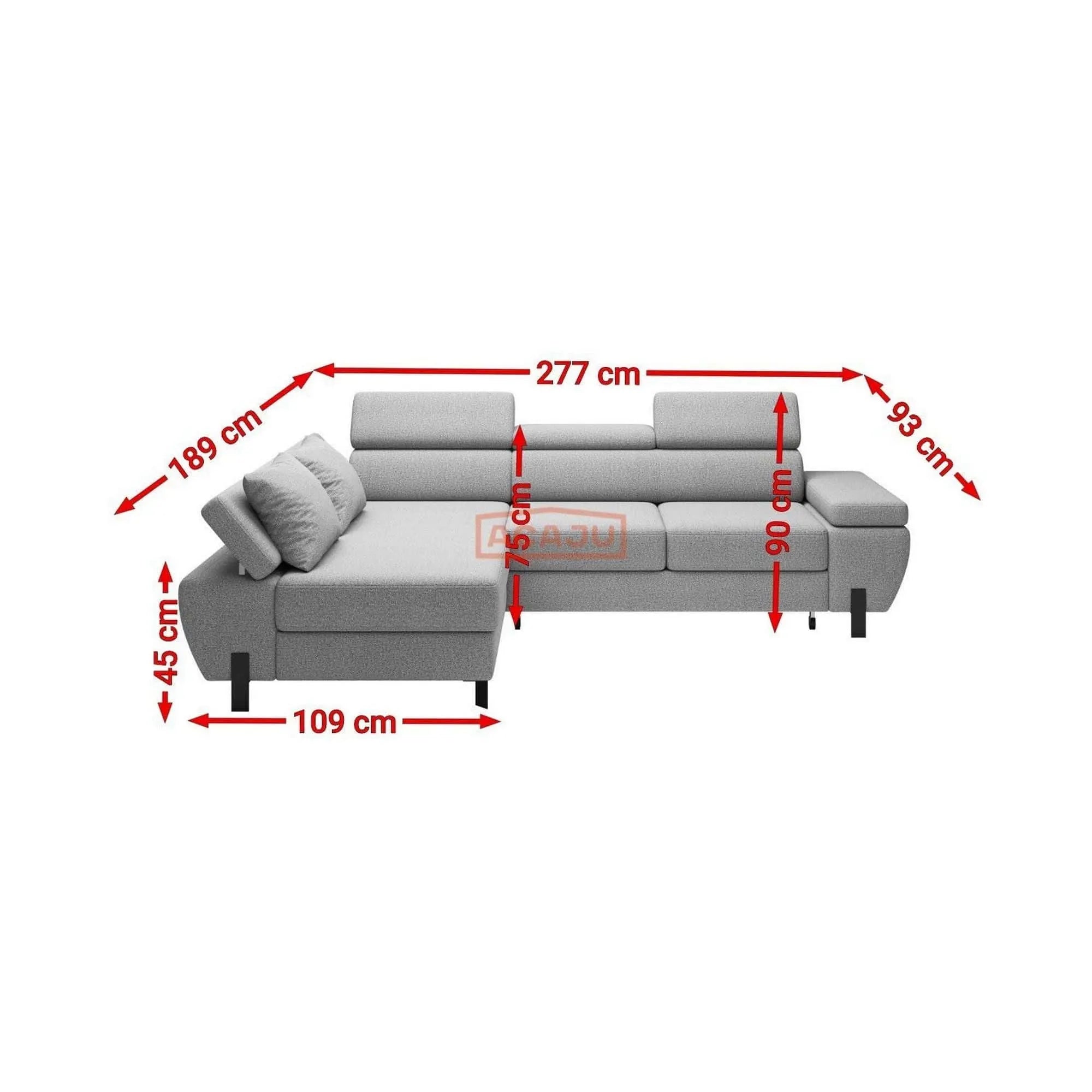 Coltar extensibil MOLINA MINI, personalizabil materiale gama Premium, cu lada depozitare si tetiere reglabile, 277x189x90 cm