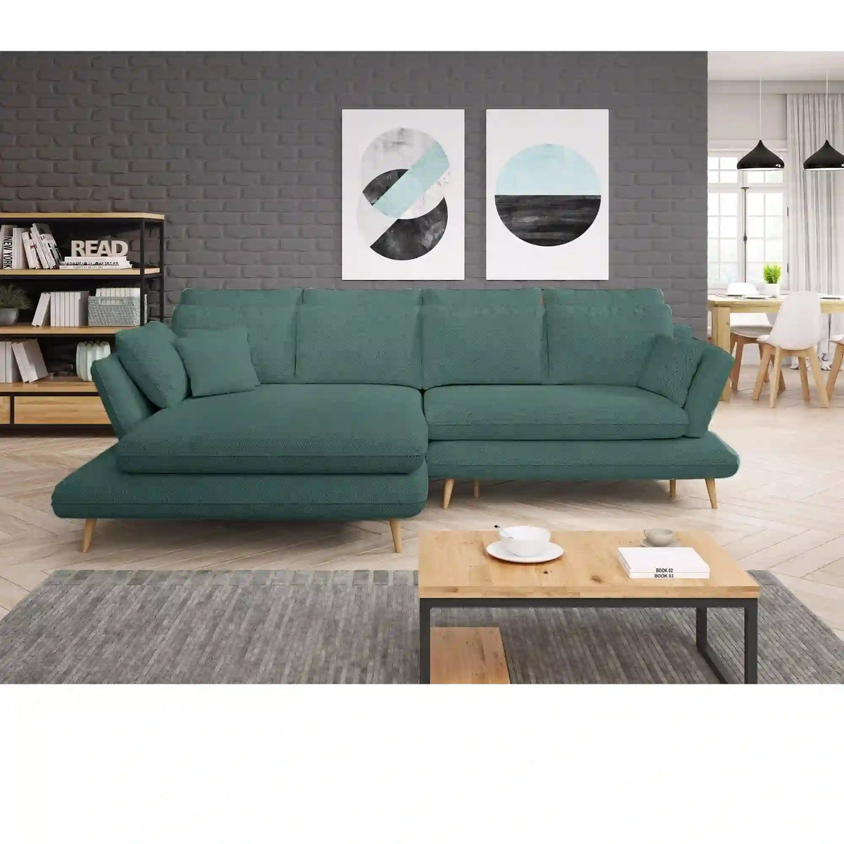 Coltar extensibil MONTE, sezlong stanga, stofa catifelata verde marin - Terra 72, Gama Premium, cu lada depozitare, 283x181x90 cm