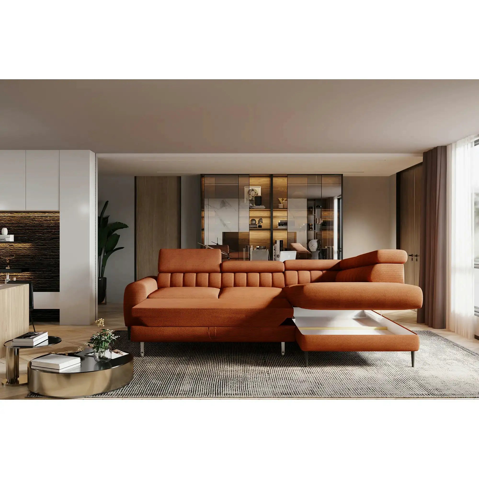 Coltar extensibil NAVAS L, personalizabil, cu lada depozitare si tetiere reglabile, 246x175x86 cm