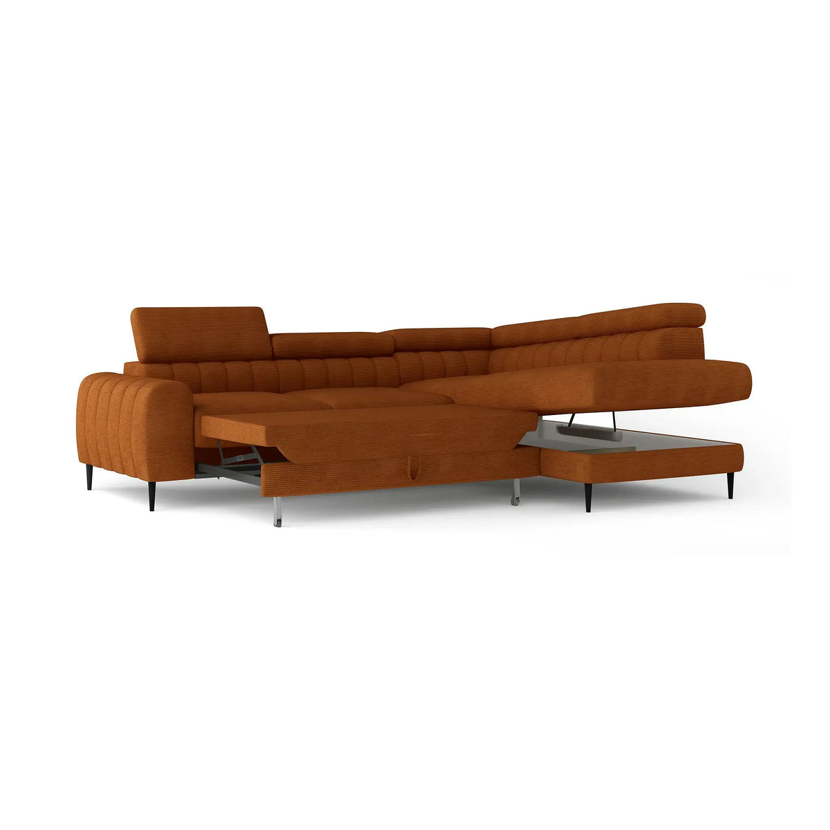 Coltar extensibil NAVAS L, personalizabil, cu lada depozitare si tetiere reglabile, 246x175x86 cm