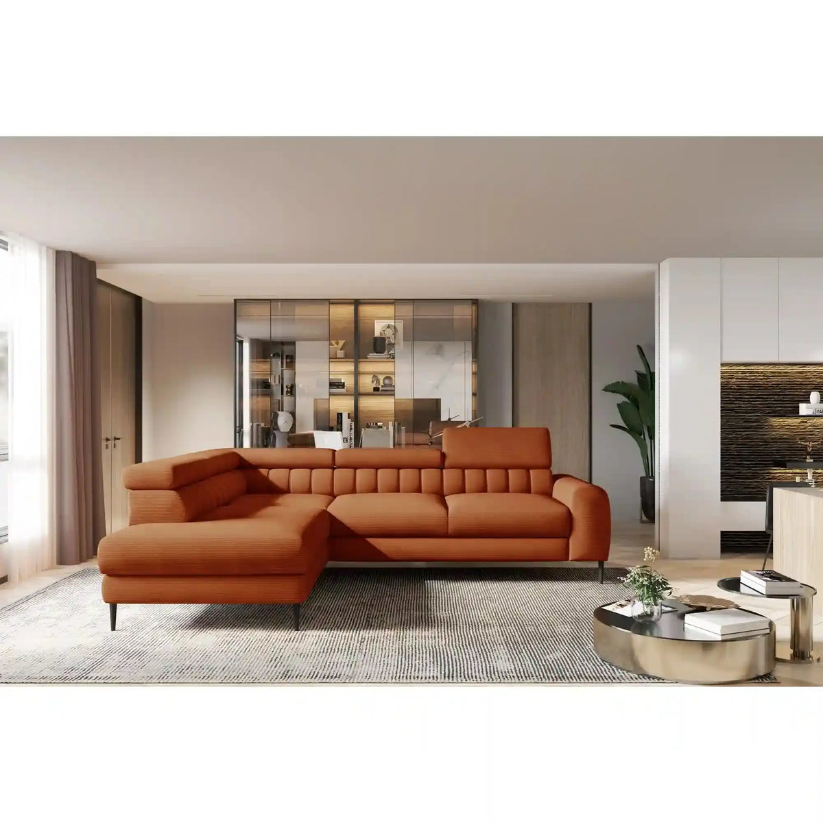 Coltar extensibil NAVAS L, sezlong stanga, stofa catifelata bej - Riviera 16, Gama Premium, cu lada depozitare si tetiere reglabile, 246x175x86 cm