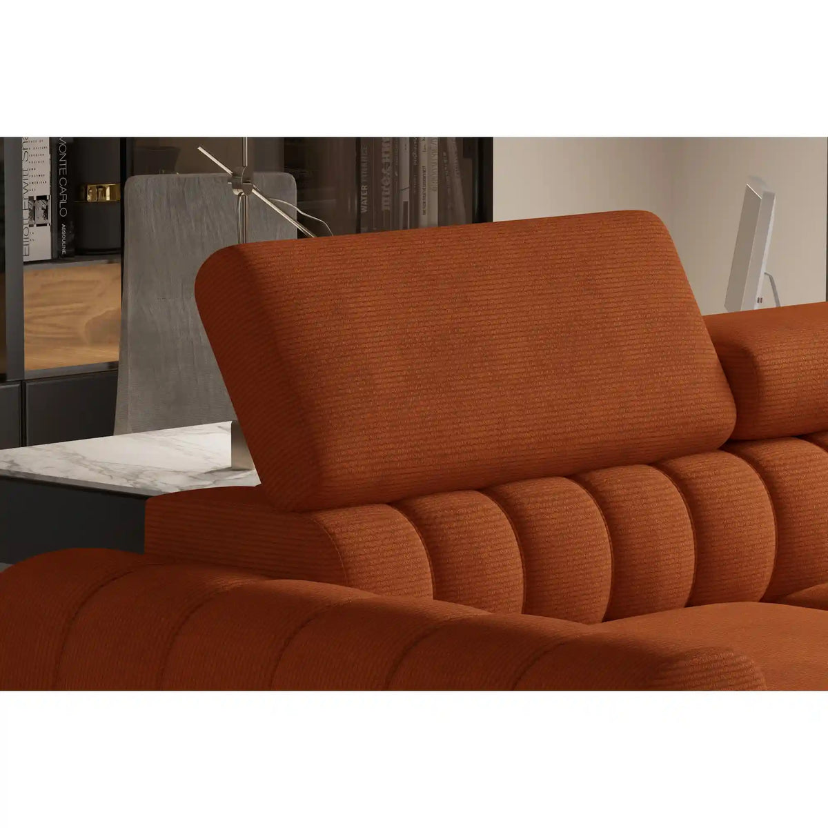 Coltar extensibil NAVAS L, sezlong stanga, stofa catifelata bej - Riviera 16, Gama Premium, cu lada depozitare si tetiere reglabile, 246x175x86 cm