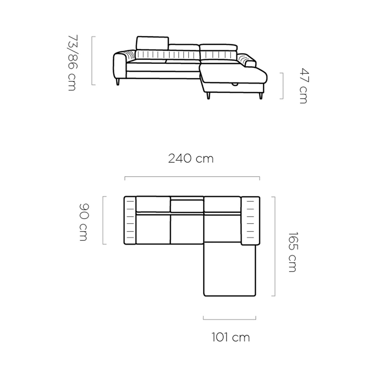 Coltar extensibil NAVAS MINI, personalizabil, cu lada depozitare si tetiere reglabile, 240x165x86 cm