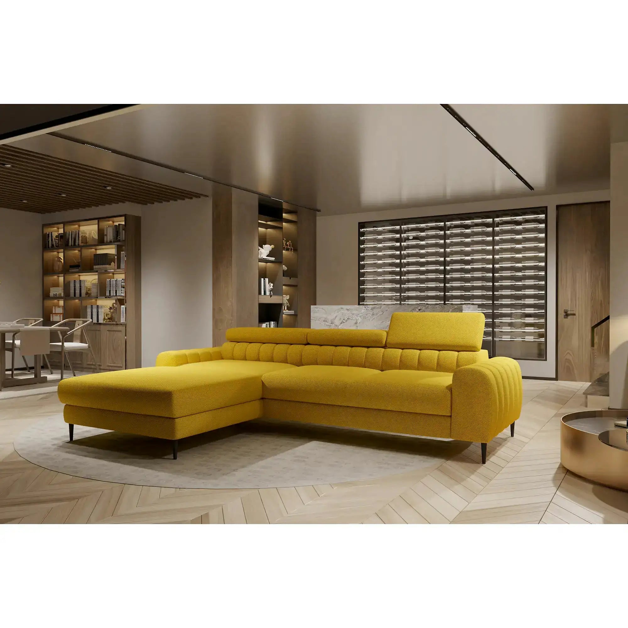 Coltar extensibil NAVAS MINI, personalizabil, cu lada depozitare si tetiere reglabile, 240x165x86 cm