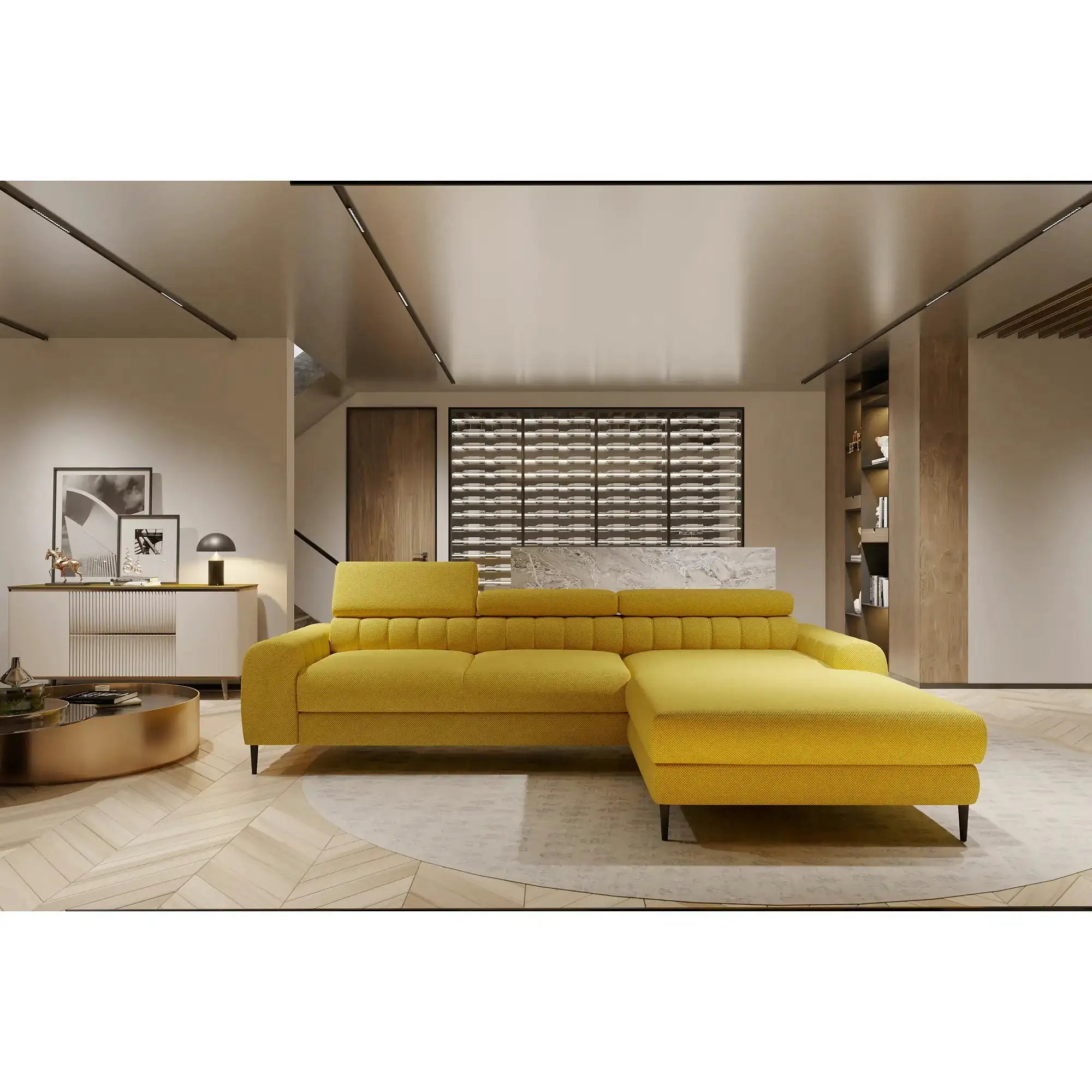 Coltar extensibil NAVAS MINI, personalizabil, cu lada depozitare si tetiere reglabile, 240x165x86 cm