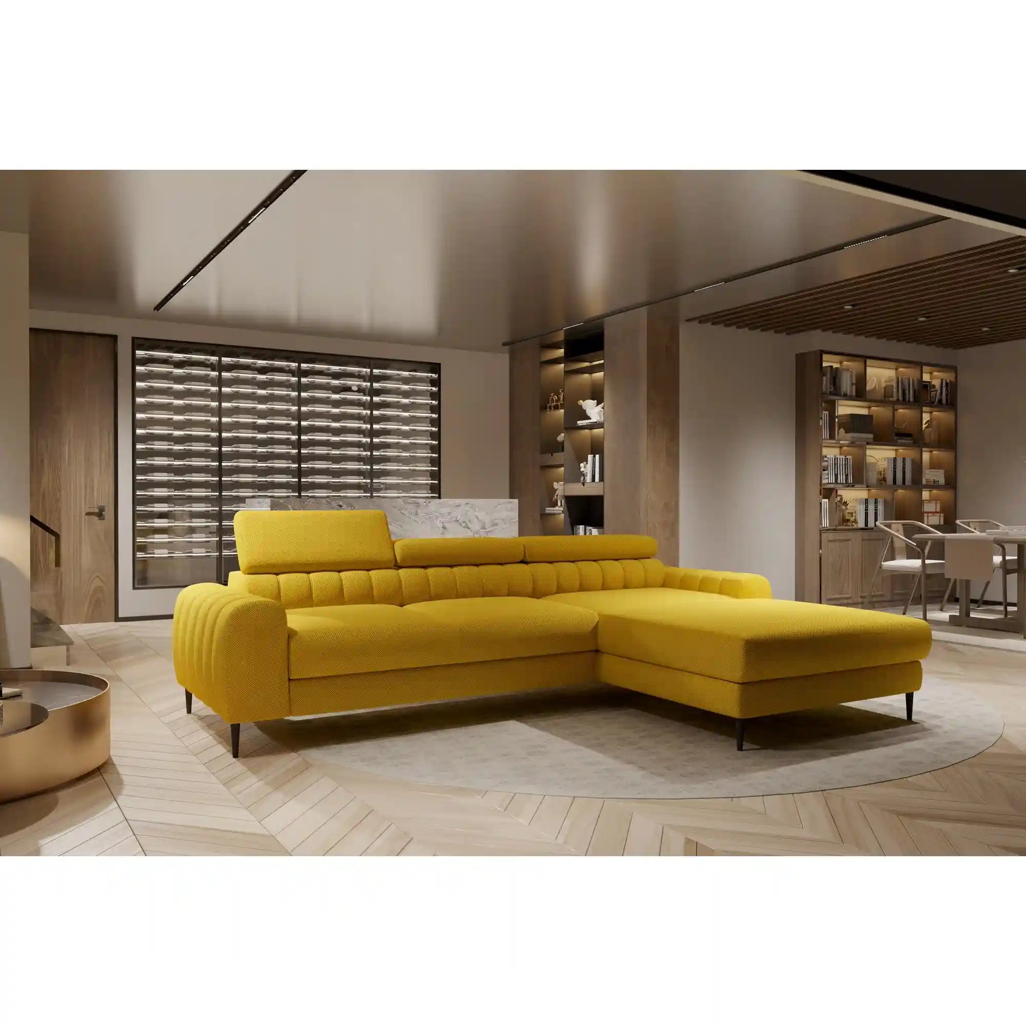 Coltar extensibil NAVAS MINI, personalizabil materiale Gama Premium, cu lada depozitare si tetiere reglabile, 240x165x86 cm