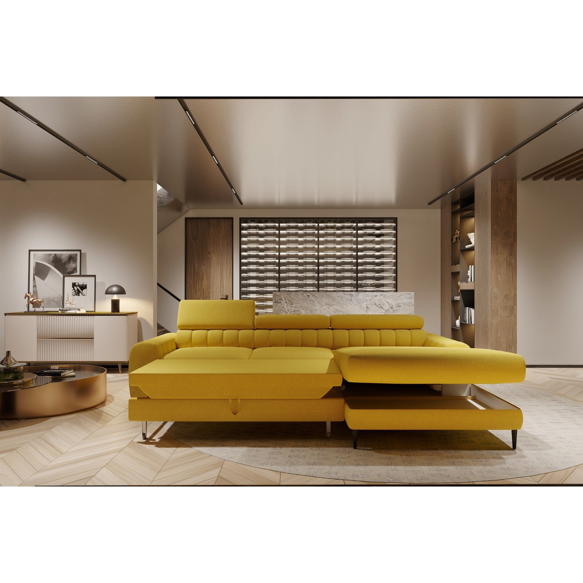 Coltar extensibil NAVAS MINI, sezlong dreapta, stofa catifelata albastru inchis - Lounge 13, Gama Premium, cu lada depozitare si tetiere reglabile, 240x165x86 cm