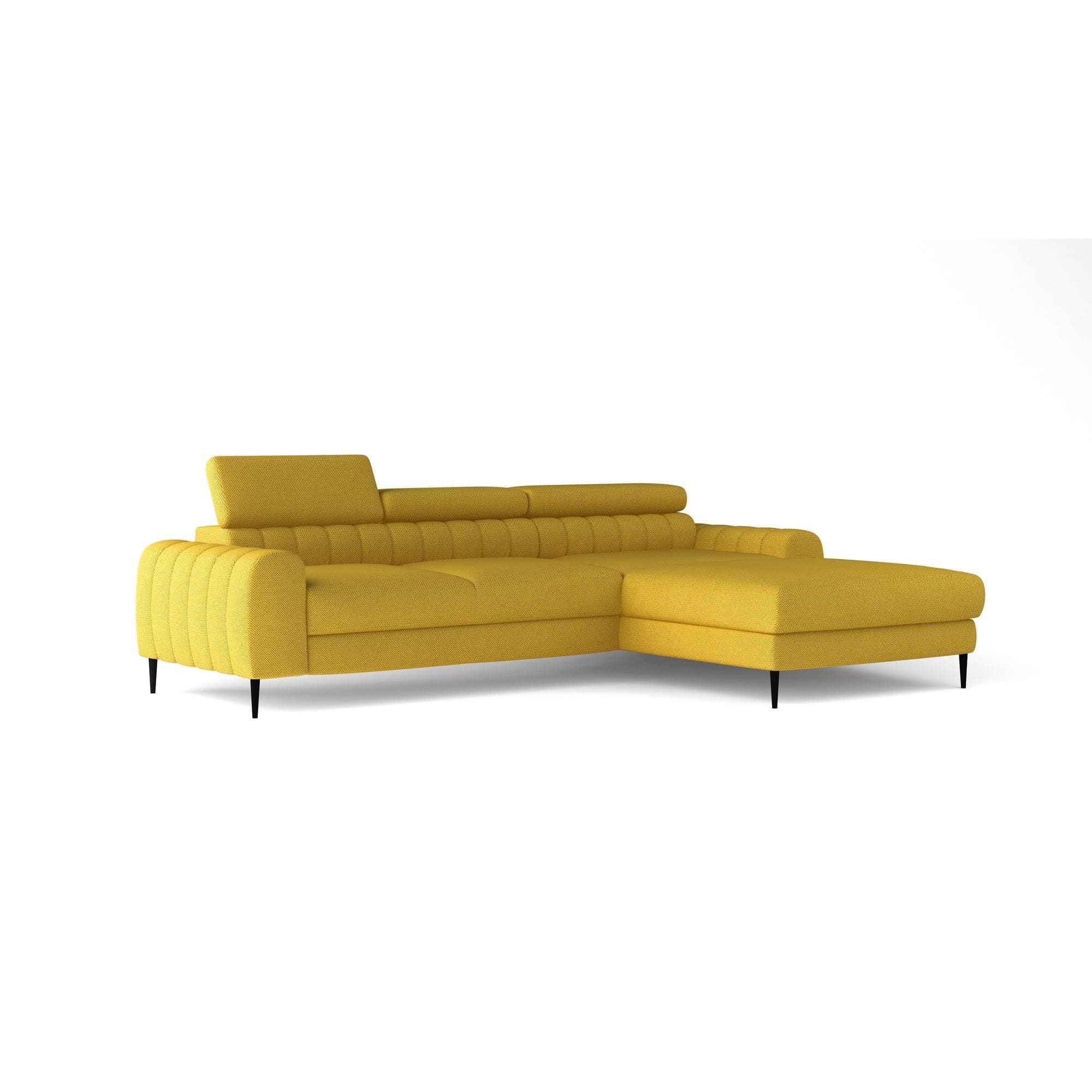 Coltar extensibil NAVAS MINI, sezlong dreapta, stofa catifelata albastru inchis - Lounge 13, Gama Premium, cu lada depozitare si tetiere reglabile, 240x165x86 cm