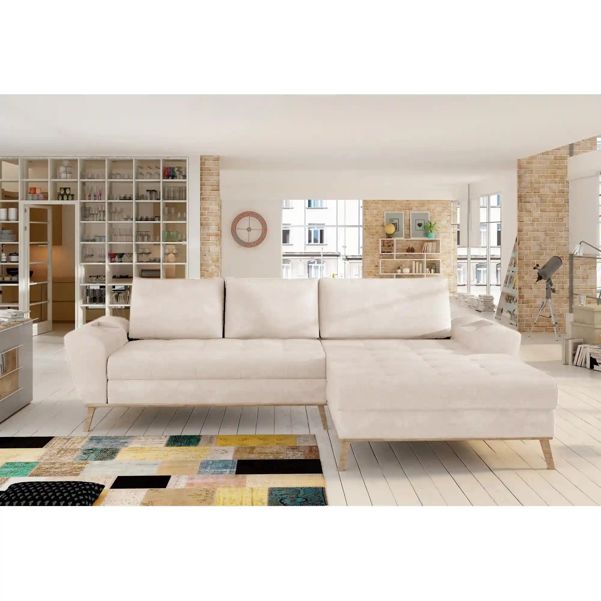Coltar extensibil NUBO, sezlong dreapta, stofa catifelata crem - Salvador 1, Gama Premium, cu lada depozitare, 282x175x86 cm