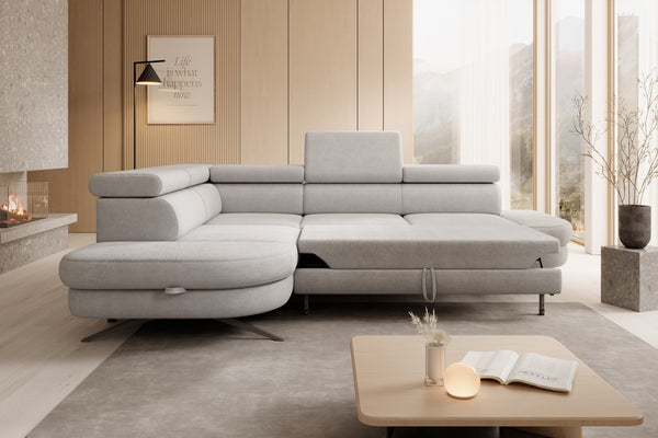 Coltar extensibil OTIS, personalizabil materiale Gama Premium, cu lada depozitare si tetiere reglabile, 276x218x97 cm