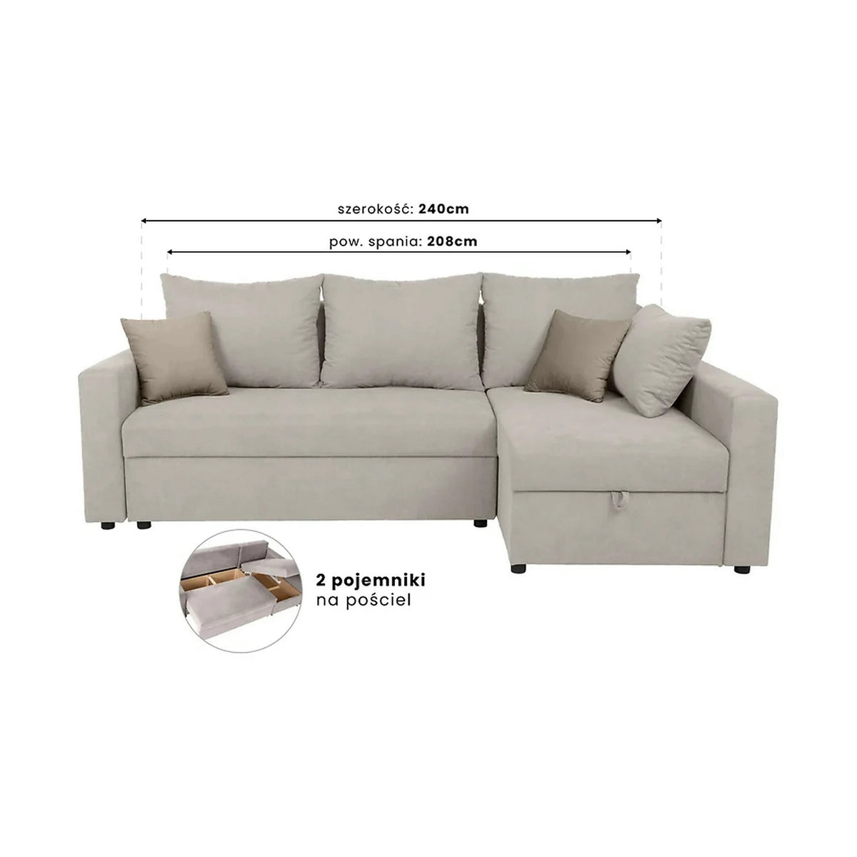Coltar extensibil PREZEMEK IV, universal, stofa clasica bej, cu lada depozitare, 240x138x89 cm