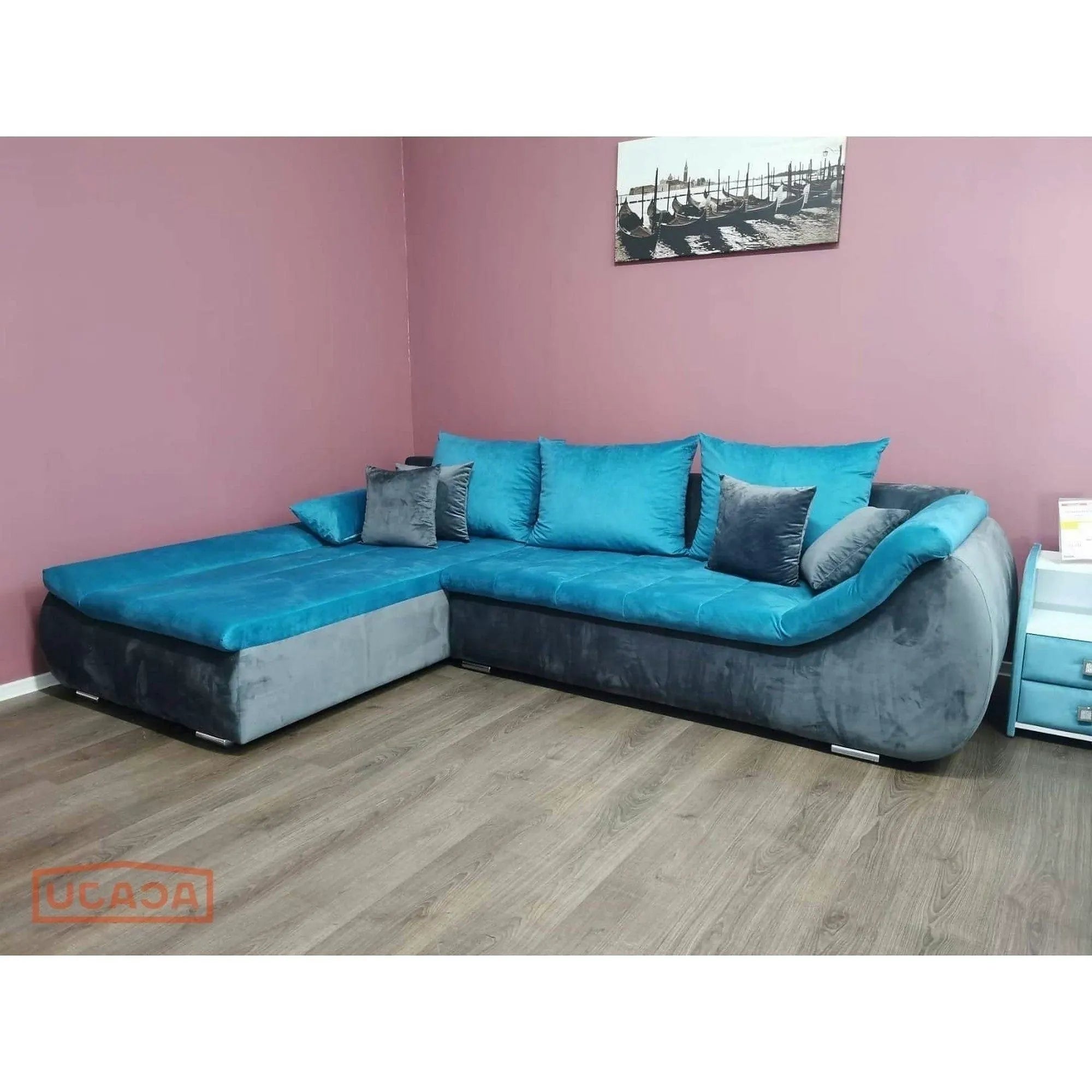 Coltar extensibil ROSARIO-OANA, stofa catifelata turcoaz/gri, 300x200x76 cm
