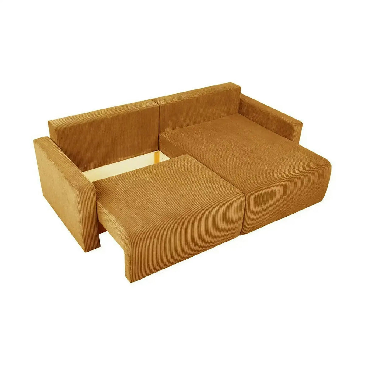 Coltar extensibil RUFIO, universal, stofa catifelata galben - Paso 01, cu lada depozitare, 230x146x91 cm