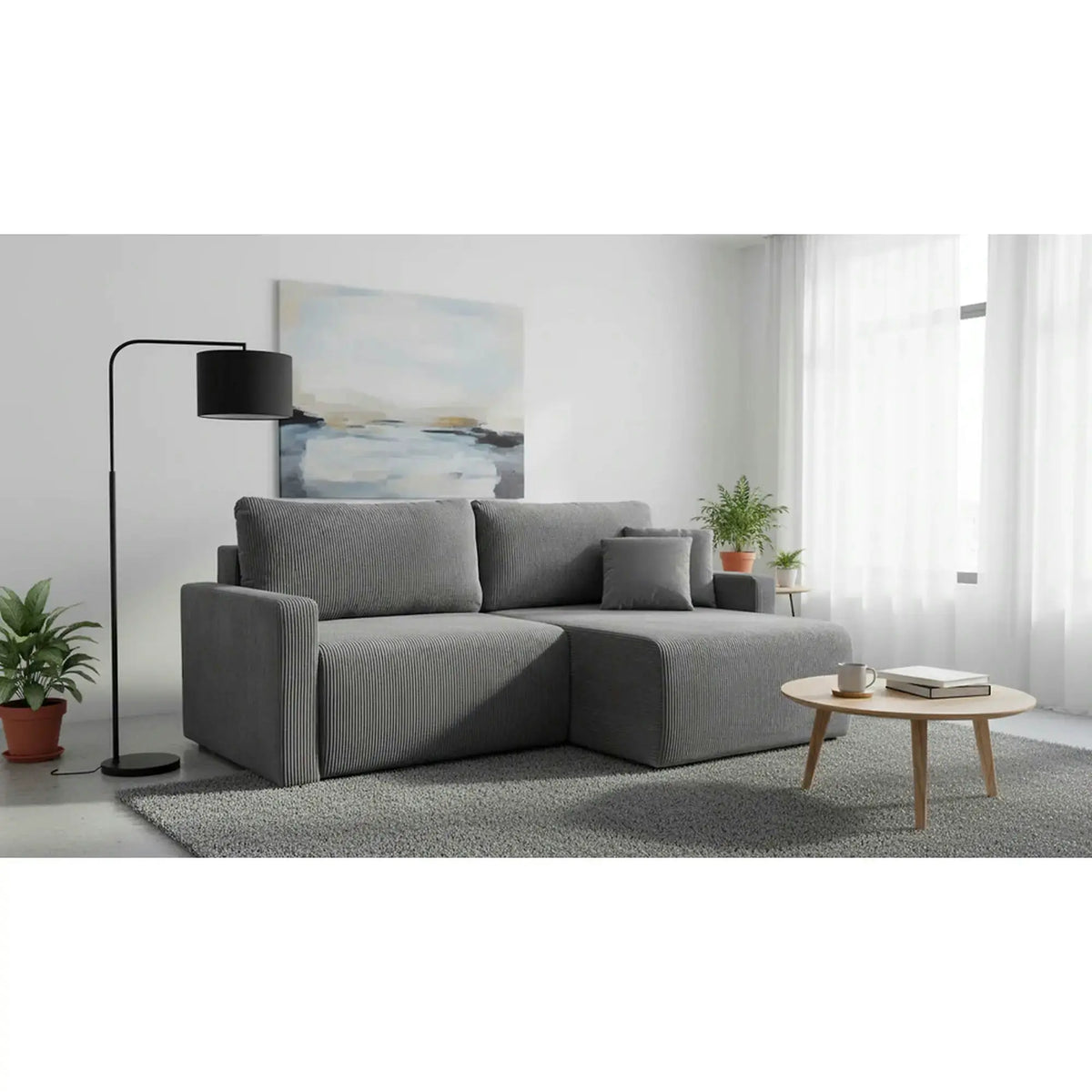 Coltar extensibil RUFIO, universal, stofa catifelata gri - Paso 22, cu lada depozitare, 230x146x91 cm