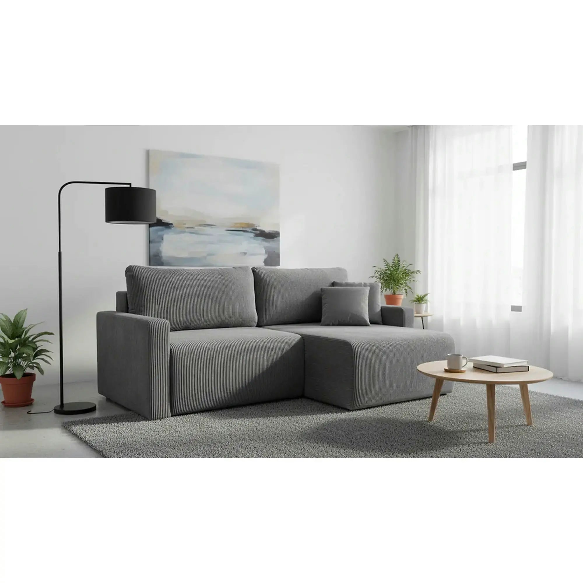 Coltar extensibil RUFIO, universal, stofa catifelata gri - Paso 22, cu lada depozitare, 230x146x91 cm