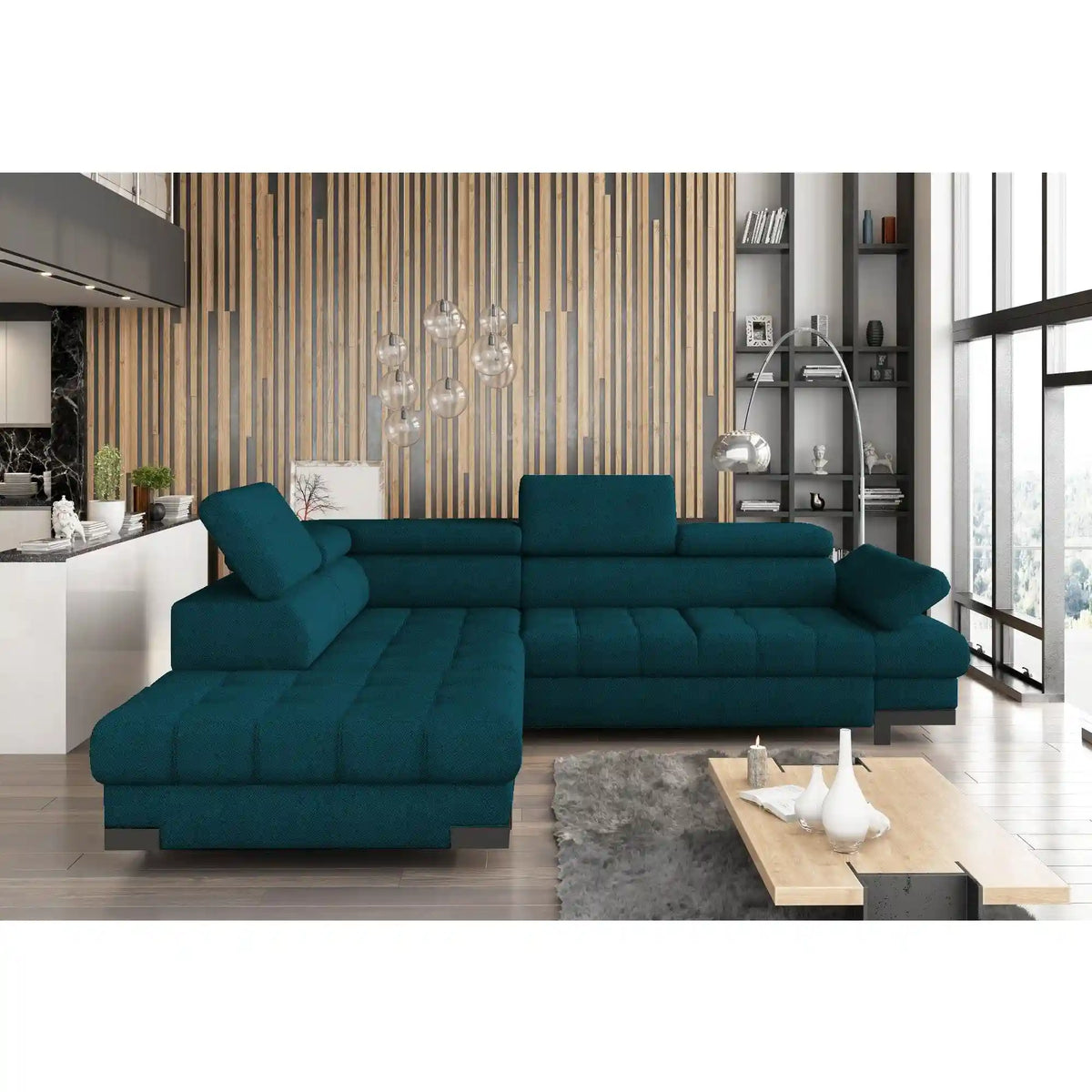 Coltar extensibil SELVA L, personalizabil materiale gama Oferta Avantaj, cu lada depozitare si tetiere reglabile, 263x223x95 cm