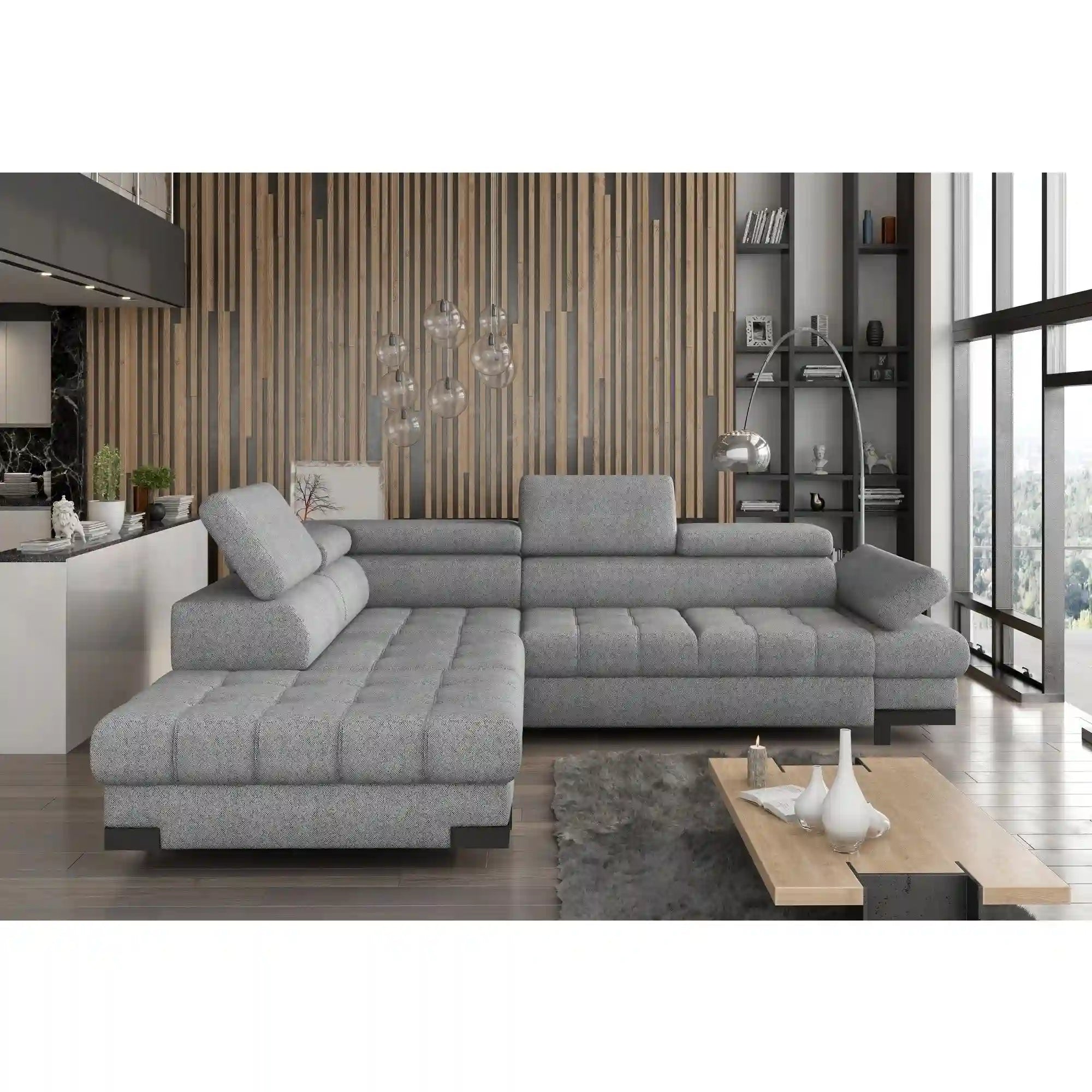 Coltar extensibil SELVA L, personalizabil materiale gama Oferta Avantaj, cu lada depozitare si tetiere reglabile, 263x223x95 cm