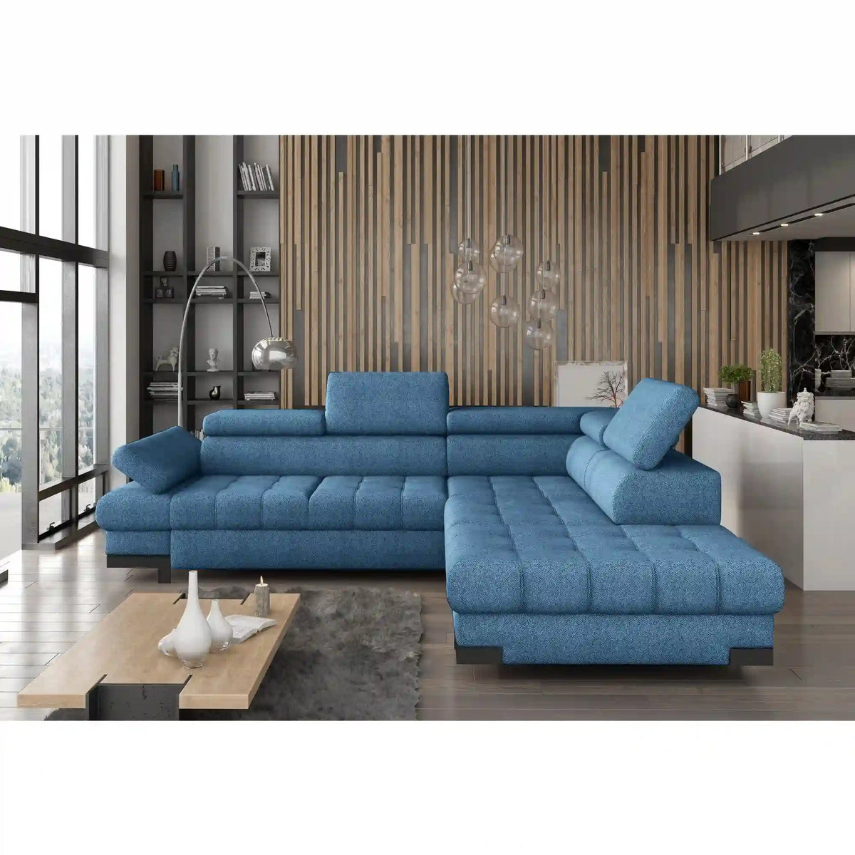 Coltar extensibil SELVA L, personalizabil materiale gama Premium, cu lada depozitare si tetiere reglabile, 263x223x95 cm