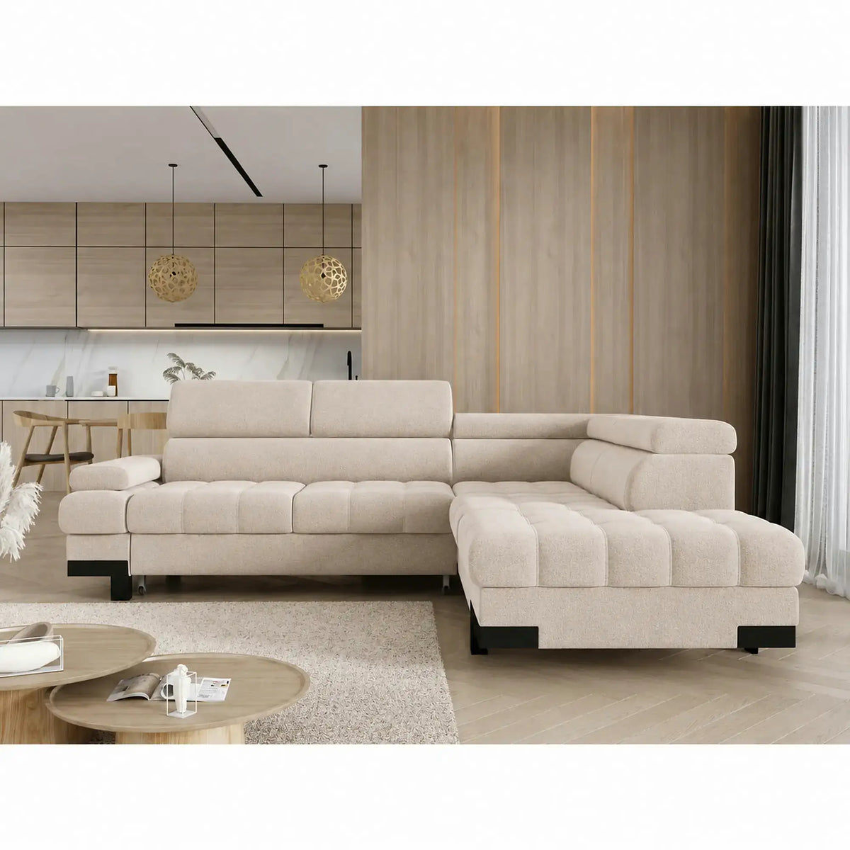 Coltar extensibil SELVA L, sezlong dreapta, stofa catifelata bej - Vogue 1, cu lada depozitare si tetiere reglabile, 263x223x95 cm