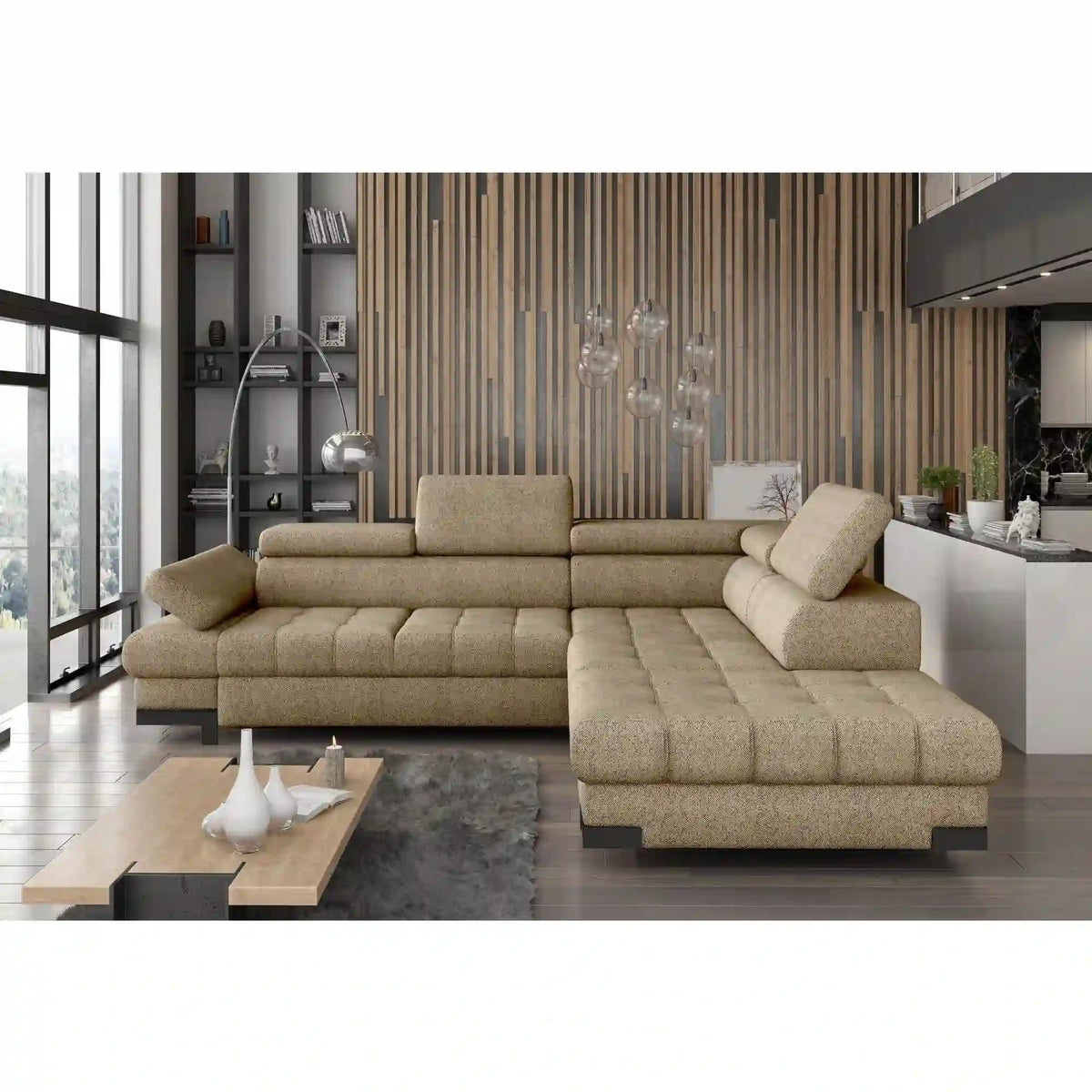 Coltar extensibil cu lada SELVA L, sezlong dreapta, stofa catifelata bej - Whisper 03, Gama Premium, tetiere reglabile, 263x223x95 cm