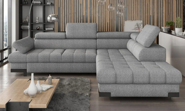 Coltar extensibil SELVA L, sezlong dreapta, stofa catifelata gri antracit - Salvador 15, cu lada depozitare si tetiere reglabile, 263x223x95 cm