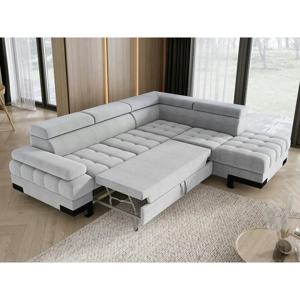 Coltar extensibil SELVA L, sezlong dreapta, stofa catifelata gri - Whisper 16, cu lada depozitare si tetiere reglabile, 263x223x95 cm