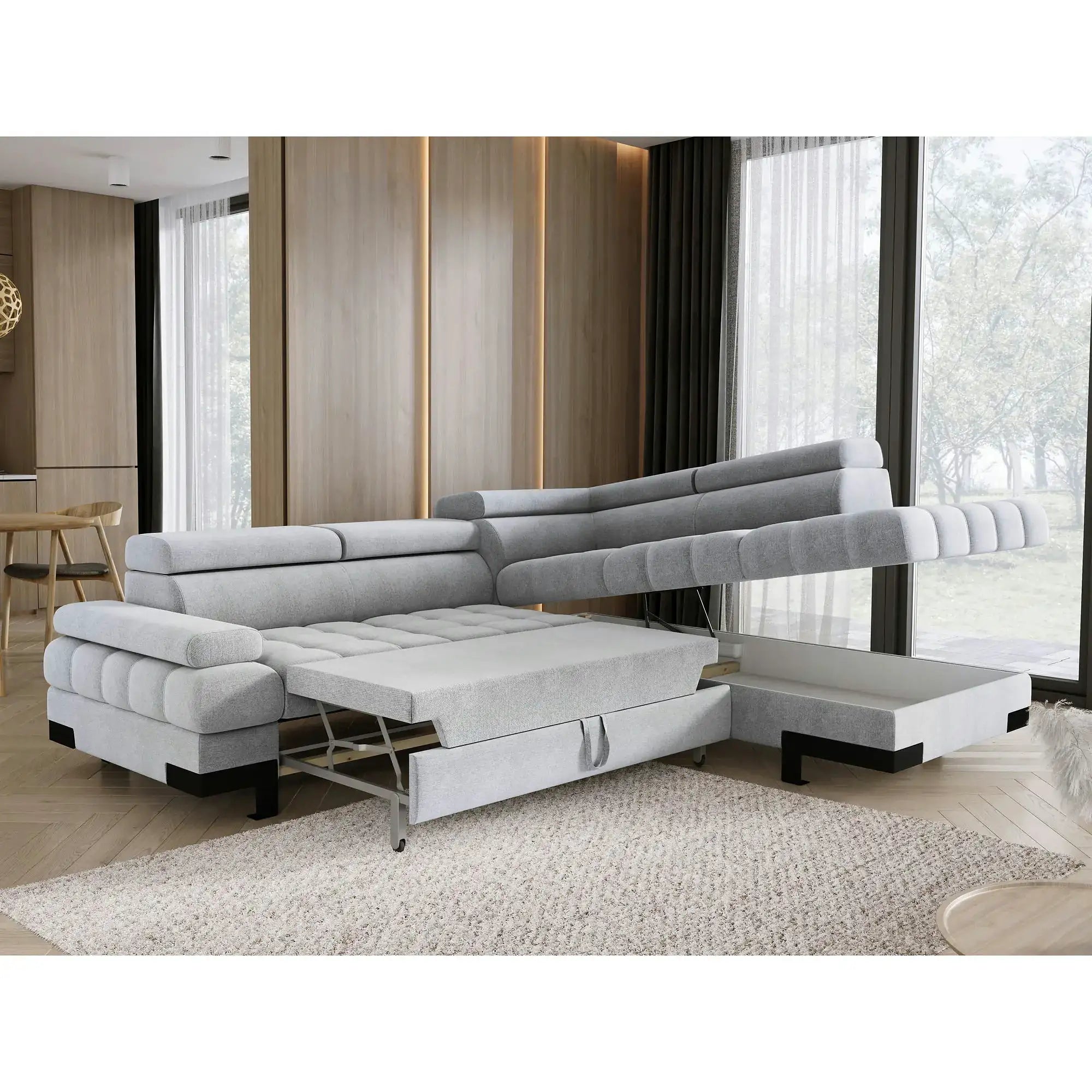 Coltar extensibil SELVA L, sezlong dreapta, stofa catifelata gri - Whisper 16, cu lada depozitare si tetiere reglabile, 263x223x95 cm