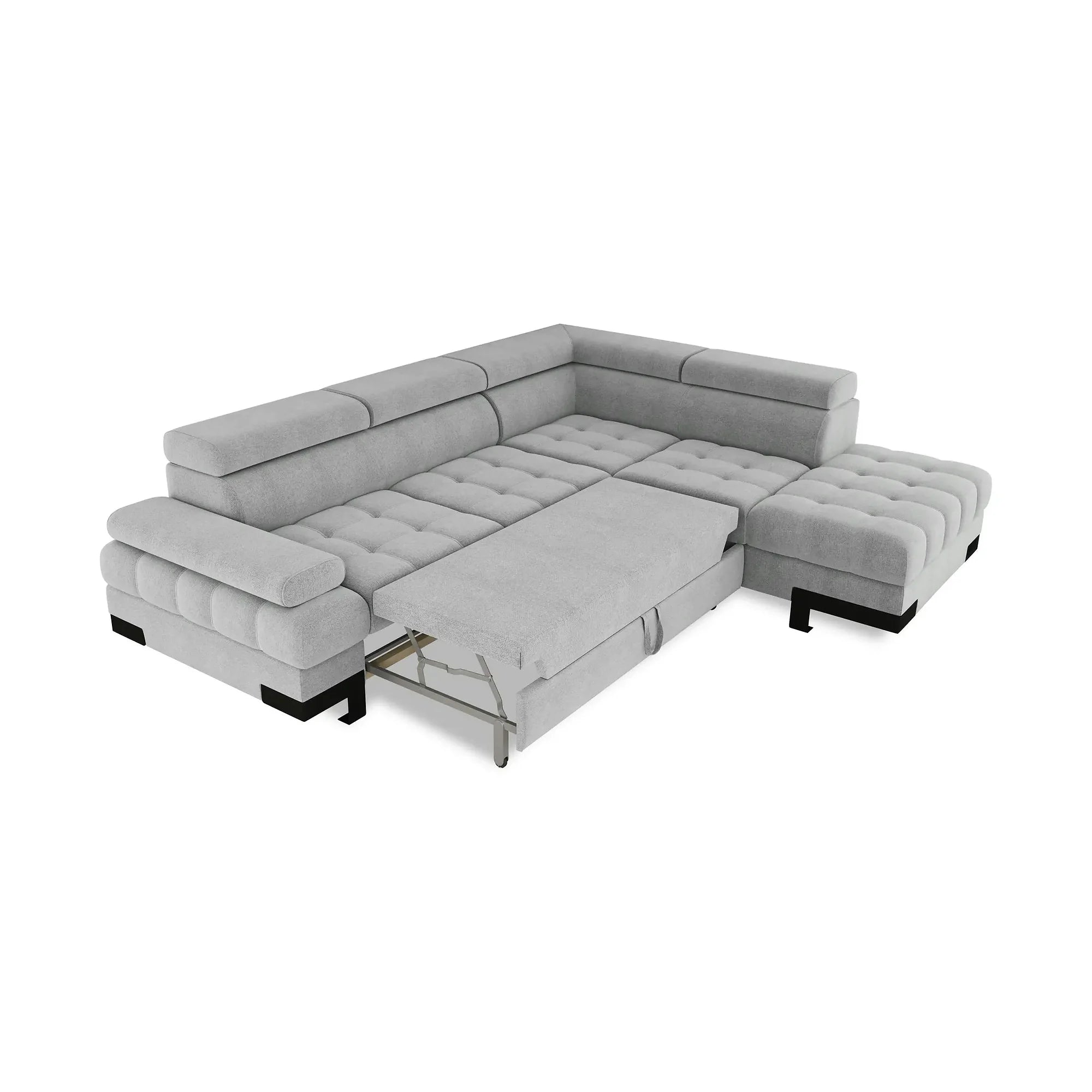 Coltar extensibil SELVA L, sezlong dreapta, stofa catifelata gri - Whisper 16, cu lada depozitare si tetiere reglabile, 263x223x95 cm