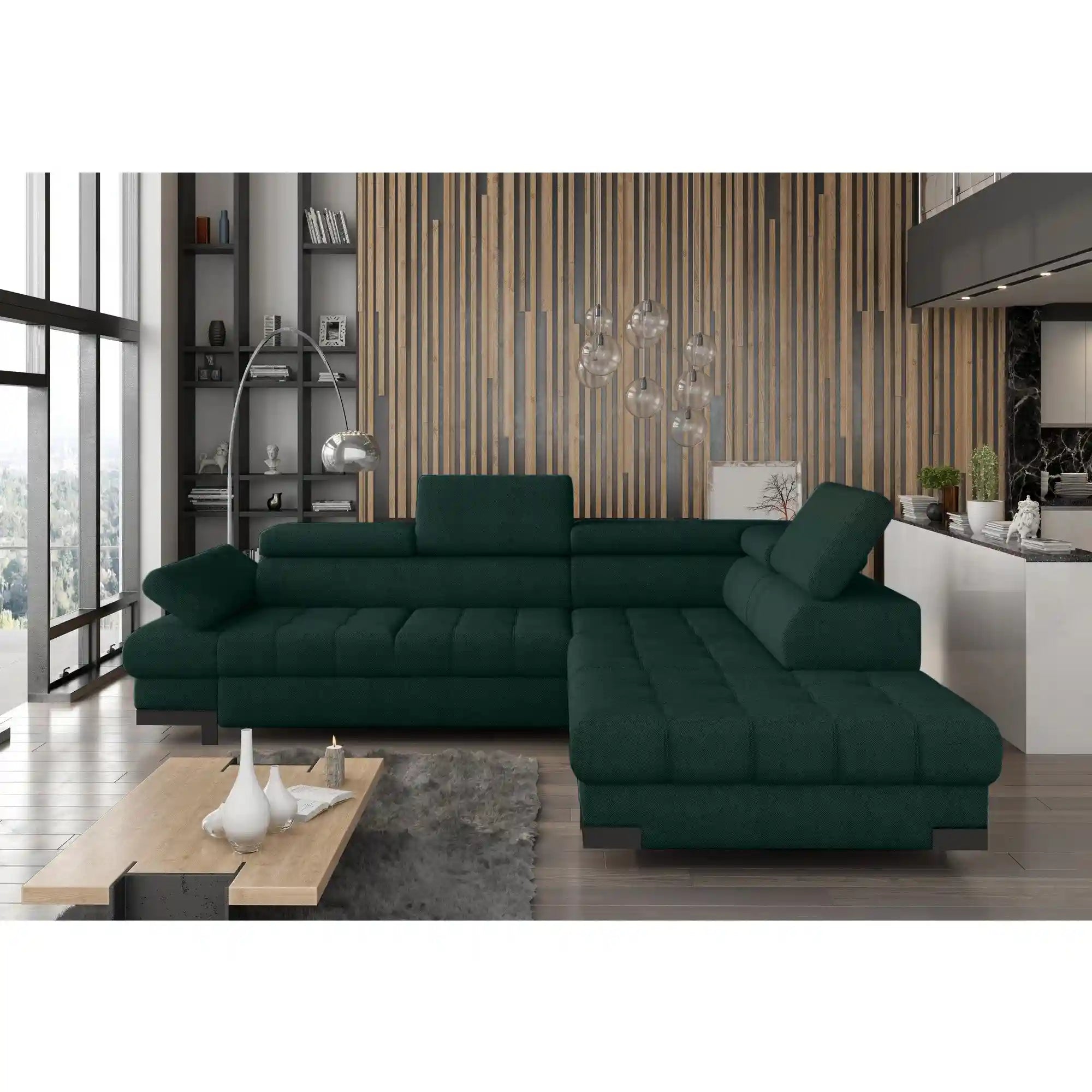 Coltar extensibil SELVA L, sezlong dreapta, stofa catifelata verde inchis - Element 12, Gama Premium, cu lada depozitare si tetiere reglabile, 263x223x95 cm