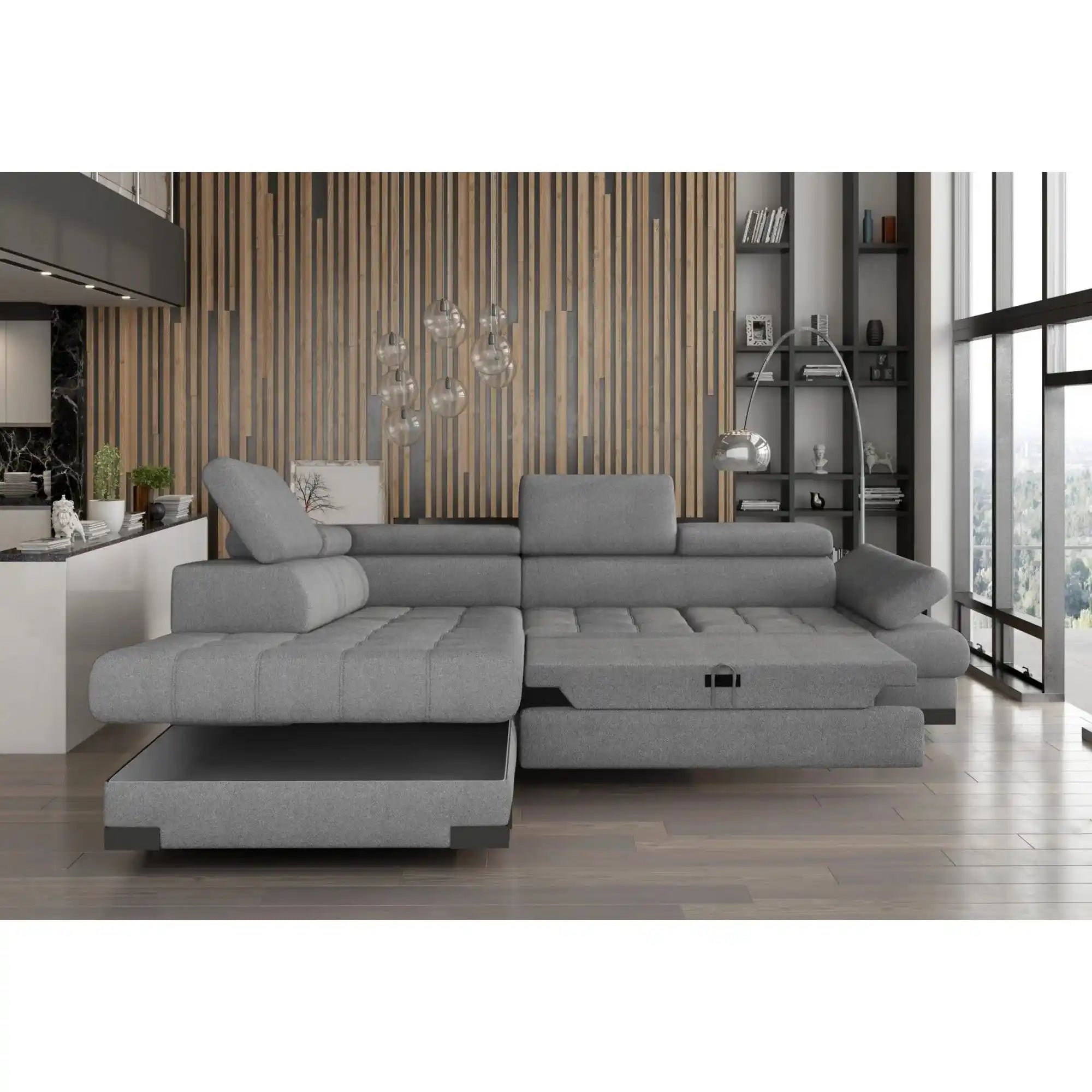 Coltar extensibil SELVA L, sezlong dreapta, stofa catifelata verde inchis - Element 12, Gama Premium, cu lada depozitare si tetiere reglabile, 263x223x95 cm