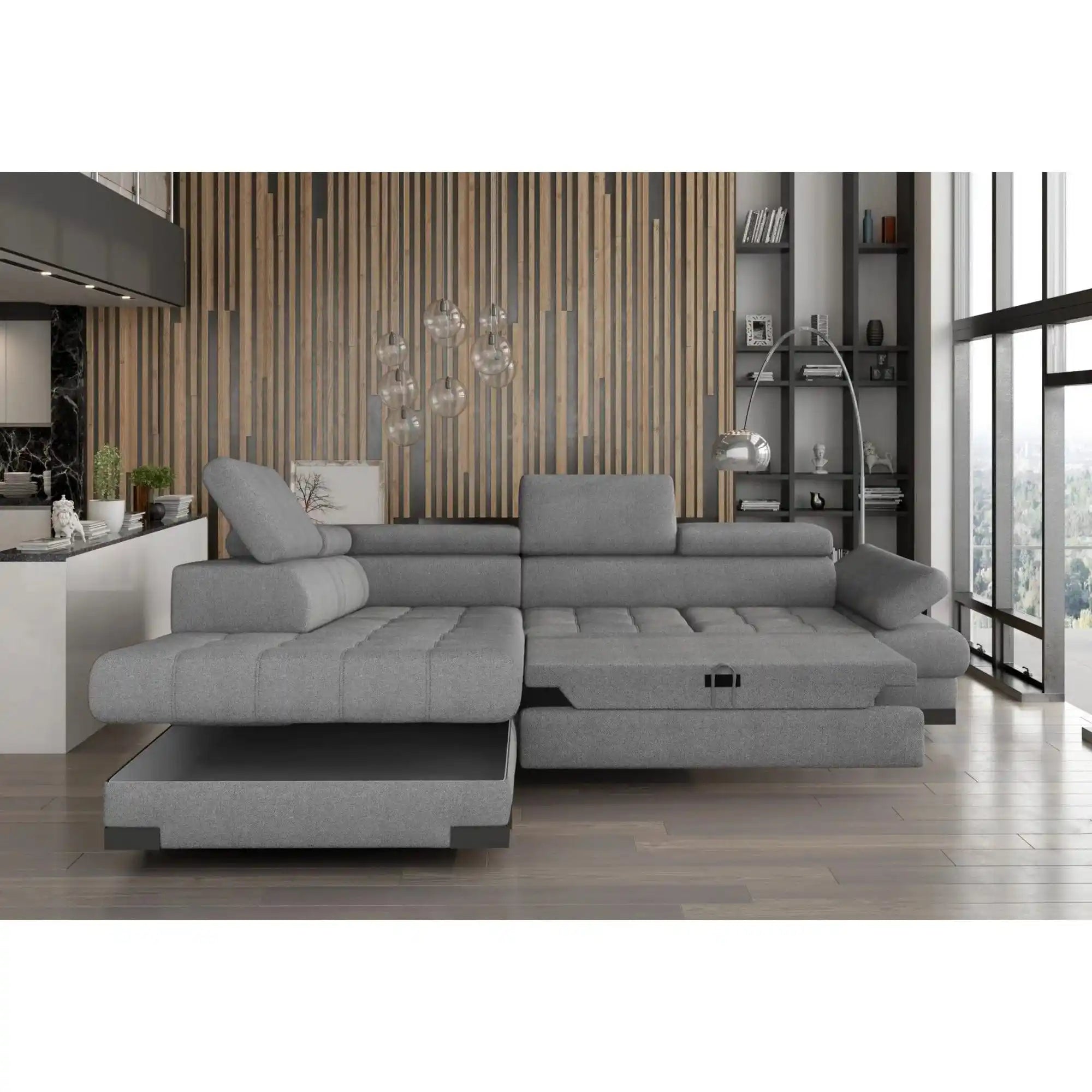 Coltar extensibil SELVA L, sezlong dreapta, stofa clasica gri - Austin 19, cu lada depozitare, 263x223x95 cm