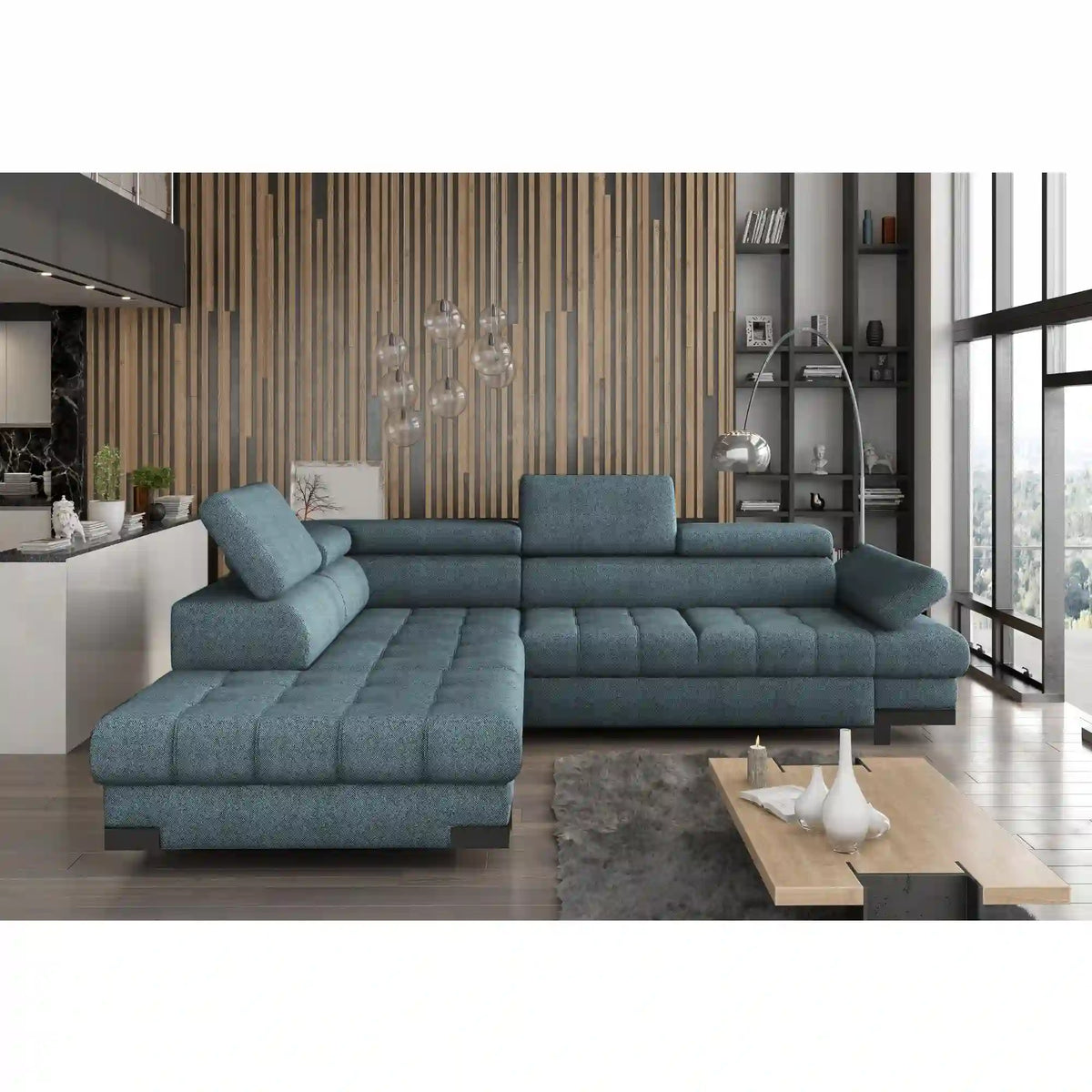 Coltar extensibil SELVA L, sezlong stanga, stofa catifelata albastru - Palladium 14, Gama Premium, cu lada depozitare si tetiere reglabile, 263x223x95 cm