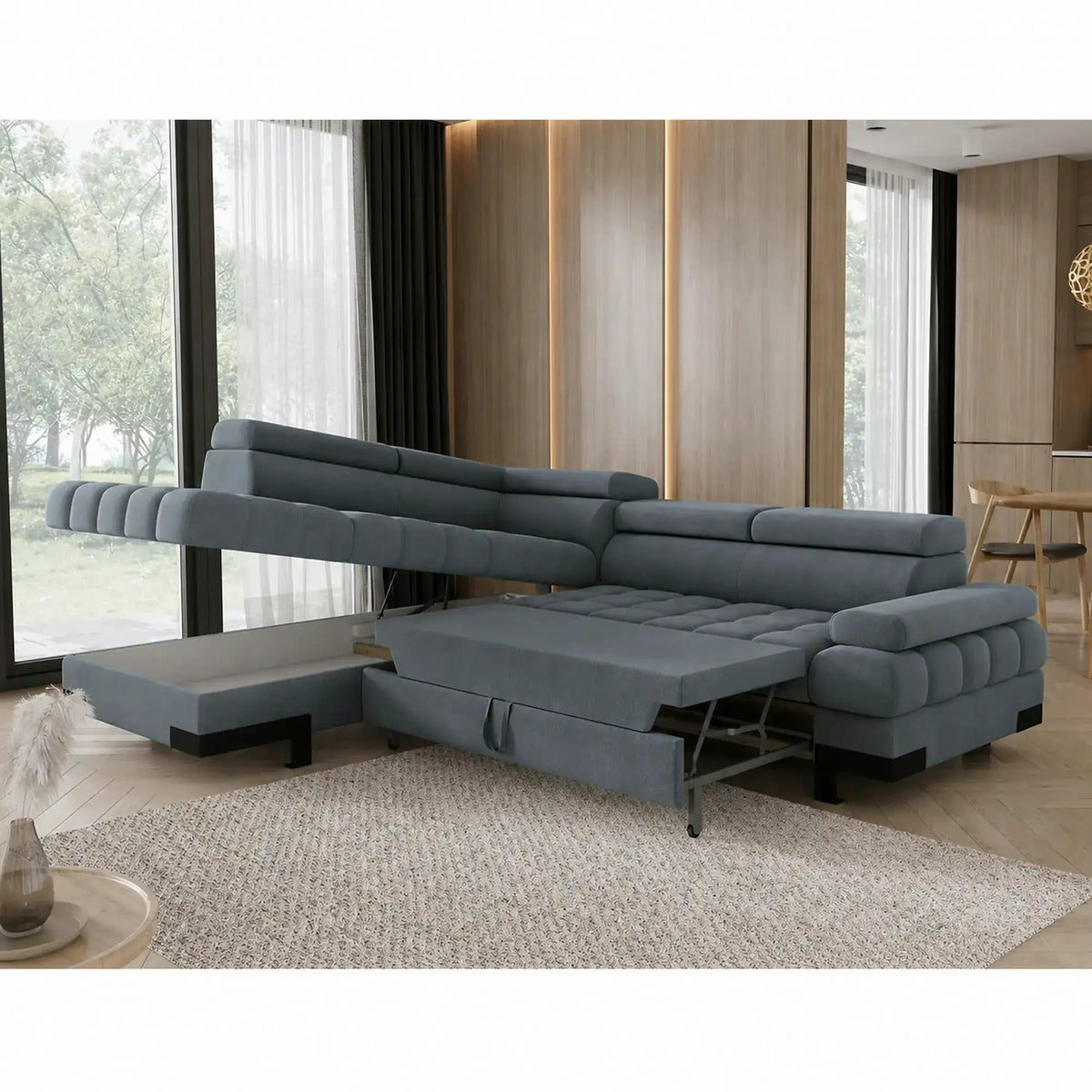 Coltar extensibil SELVA L, sezlong stanga, stofa catifelata turcoaz inchis - Riviera 87, cu lada depozitare si tetiere reglabile,  263x223x95 cm