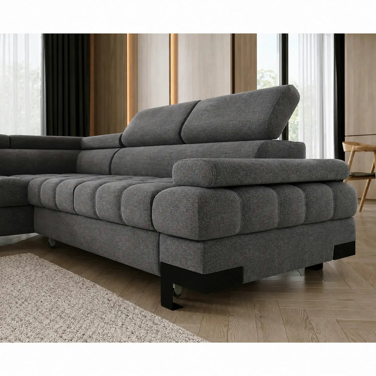 Coltar extensibil SELVA L, sezlong stanga, stofa clasica gri - Austin 19, cu lada depozitare si tetiere reglabile,  263x223x95 cm