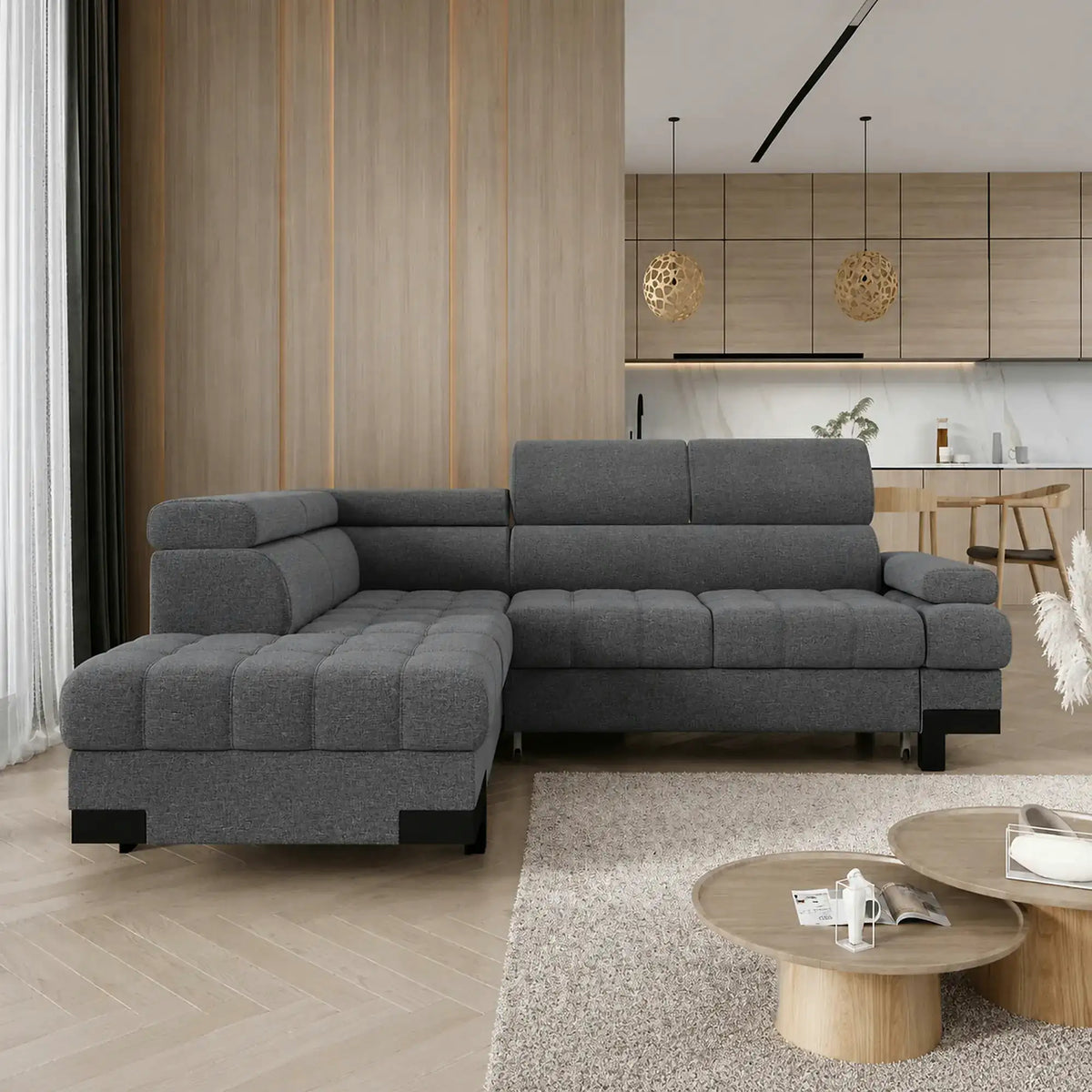 Coltar extensibil SELVA L, sezlong stanga, stofa clasica gri - Austin 19, cu lada depozitare si tetiere reglabile,  263x223x95 cm