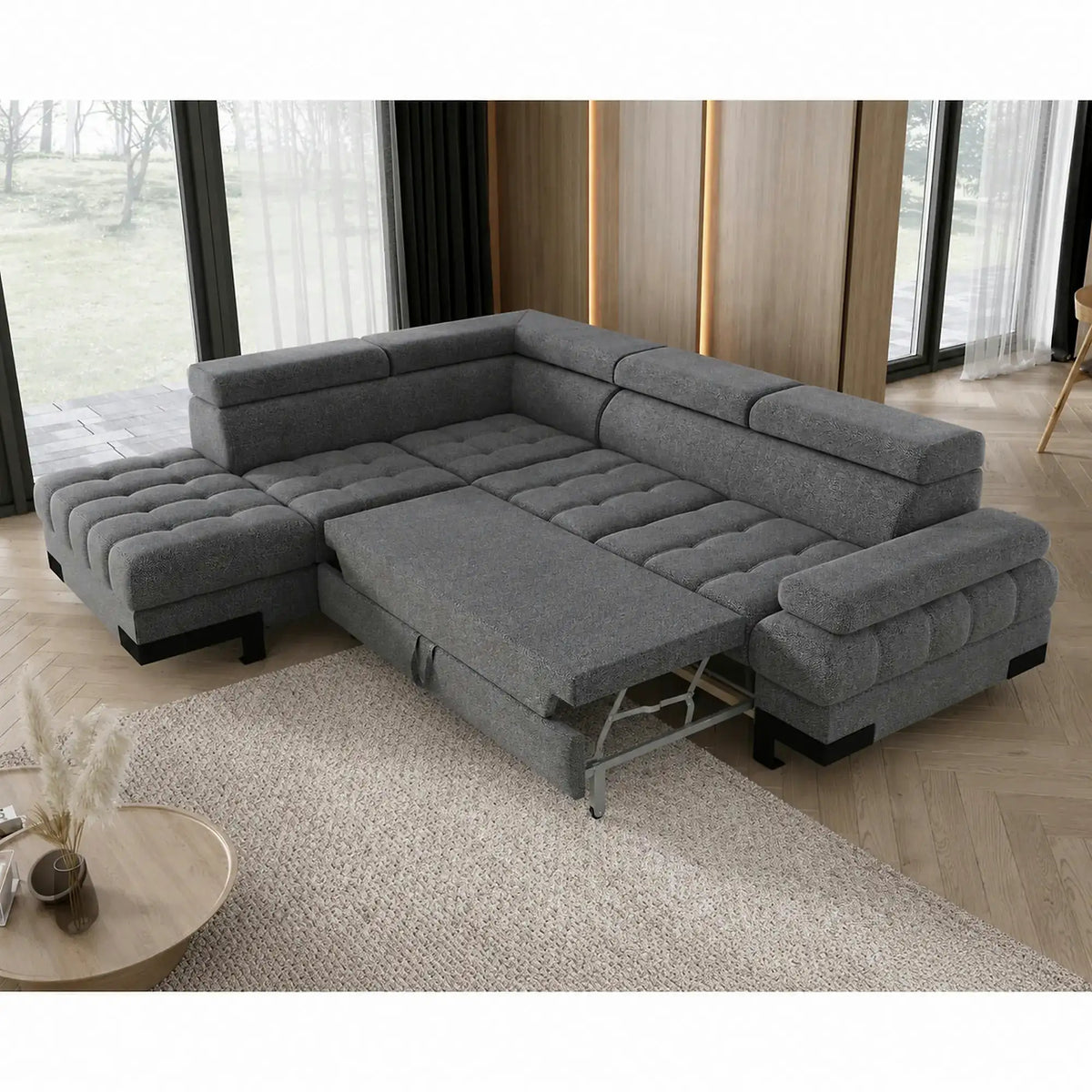 Coltar extensibil SELVA L, sezlong stanga, stofa clasica gri - Austin 19, cu lada depozitare si tetiere reglabile,  263x223x95 cm