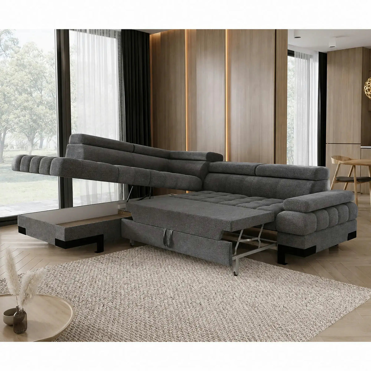 Coltar extensibil SELVA L, sezlong stanga, stofa clasica gri - Austin 19, cu lada depozitare si tetiere reglabile,  263x223x95 cm