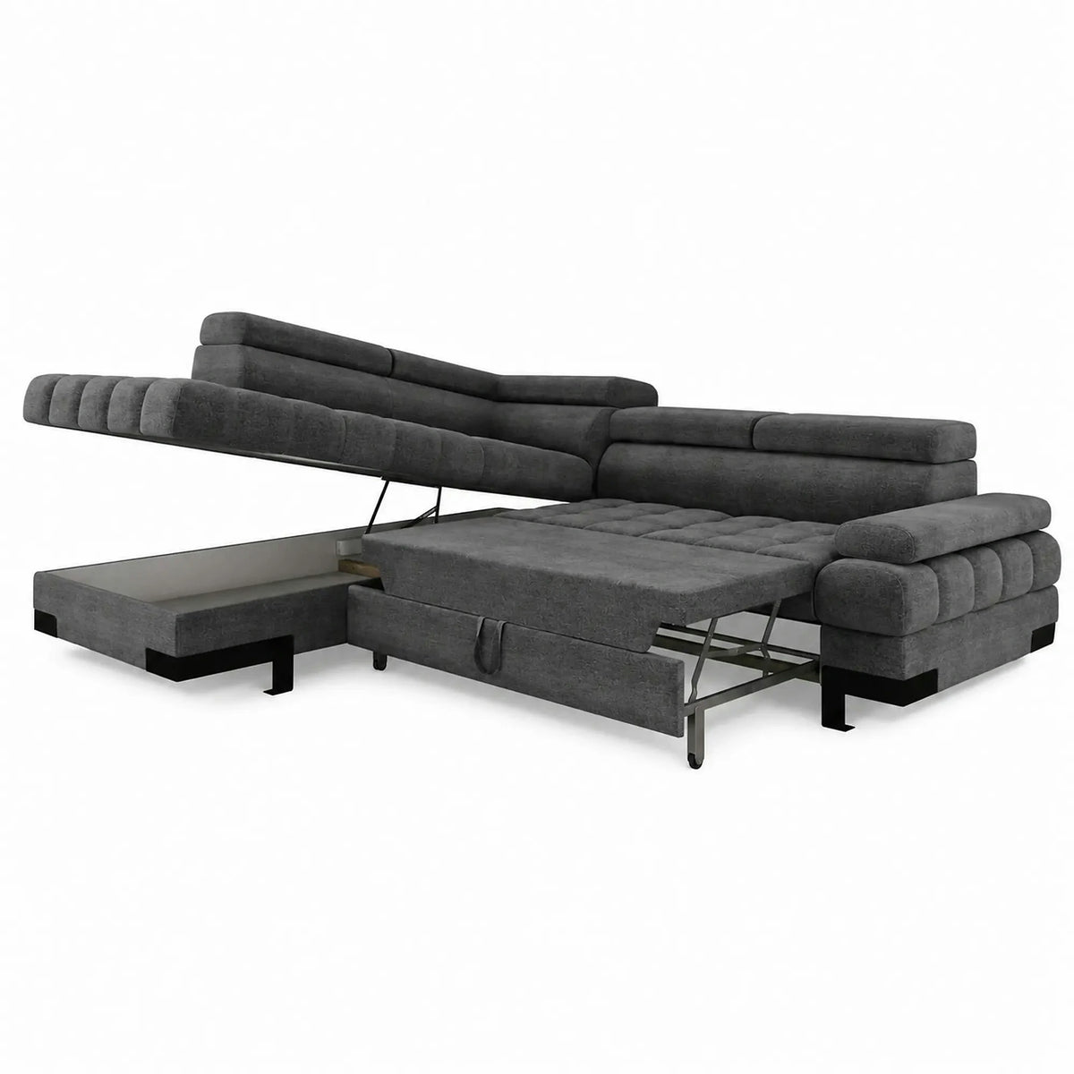 Coltar extensibil SELVA L, sezlong stanga, stofa clasica gri - Austin 19, cu lada depozitare si tetiere reglabile,  263x223x95 cm