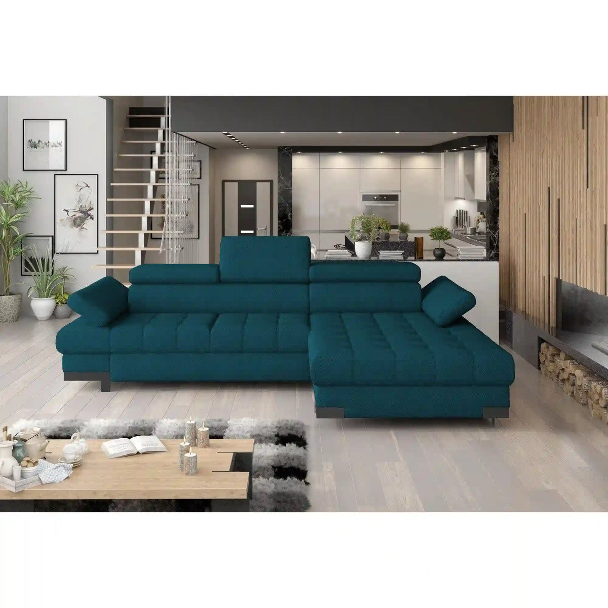 Coltar extensibil SELVA MINI, personalizabil materiale gama Oferta Avantaj, cu lada depozitare si tetiere reglabile, 270x173x95 cm