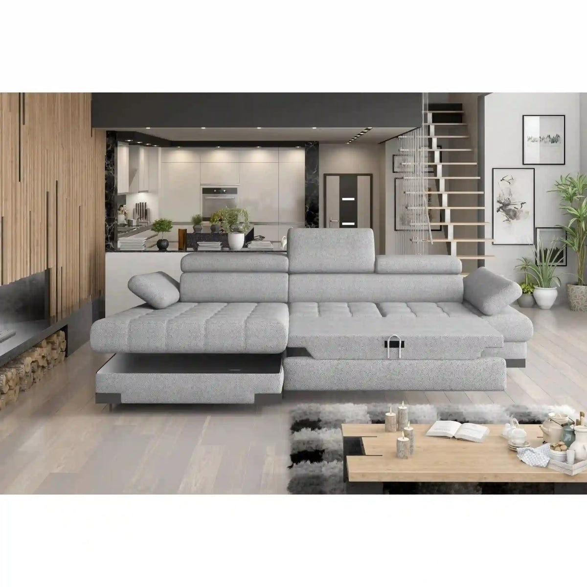 Coltar extensibil SELVA MINI, sezlong dreapta, stofa catifelata bej - Palladium 02, Gama Premium, cu lada depozitare si tetiere reglabile, 270x173x95 cm