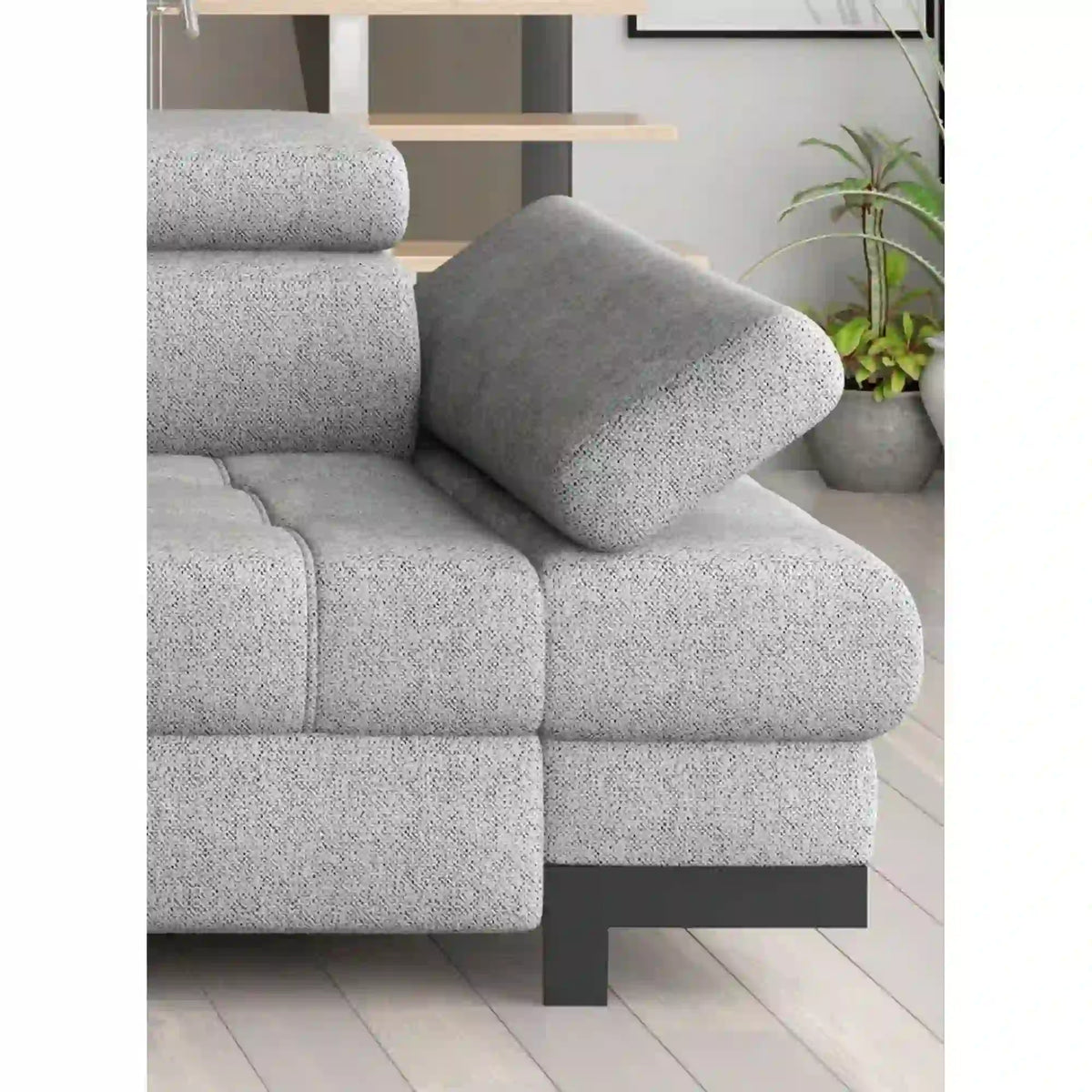 Coltar extensibil SELVA MINI, sezlong dreapta, stofa catifelata bej - Palladium 02, Gama Premium, cu lada depozitare si tetiere reglabile, 270x173x95 cm