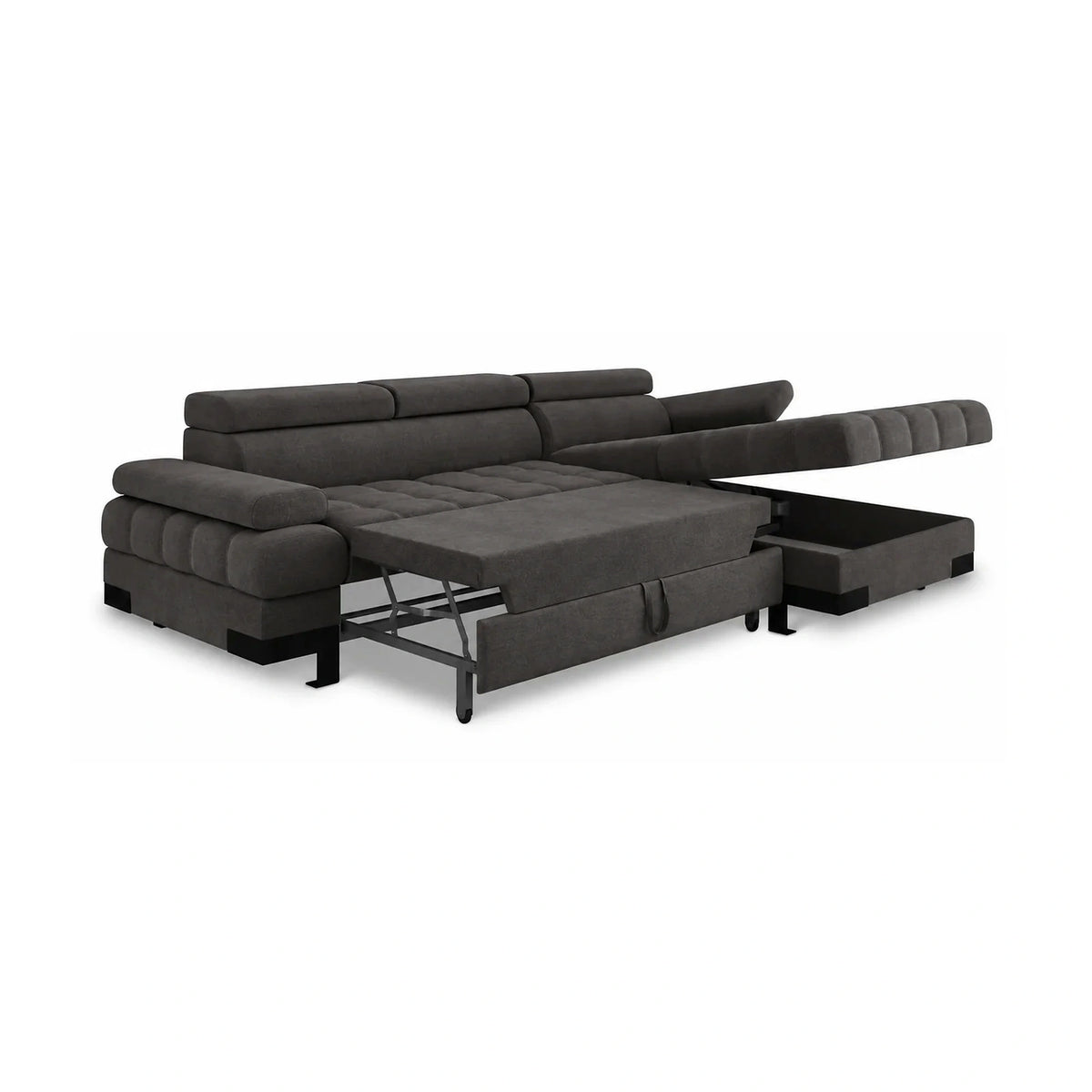 Coltar extensibil SELVA MINI, sezlong dreapta, stofa catifelata gri grafit - Salvador 16, cu lada depozitare si tetiere reglabile, 270x173x95 cm