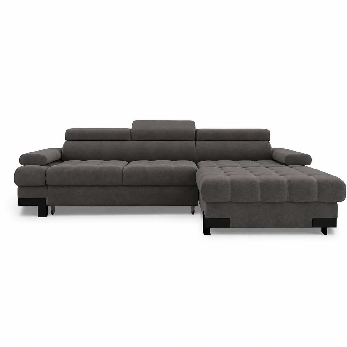 Coltar extensibil SELVA MINI, sezlong dreapta, stofa catifelata gri grafit - Salvador 16, cu lada depozitare si tetiere reglabile, 270x173x95 cm