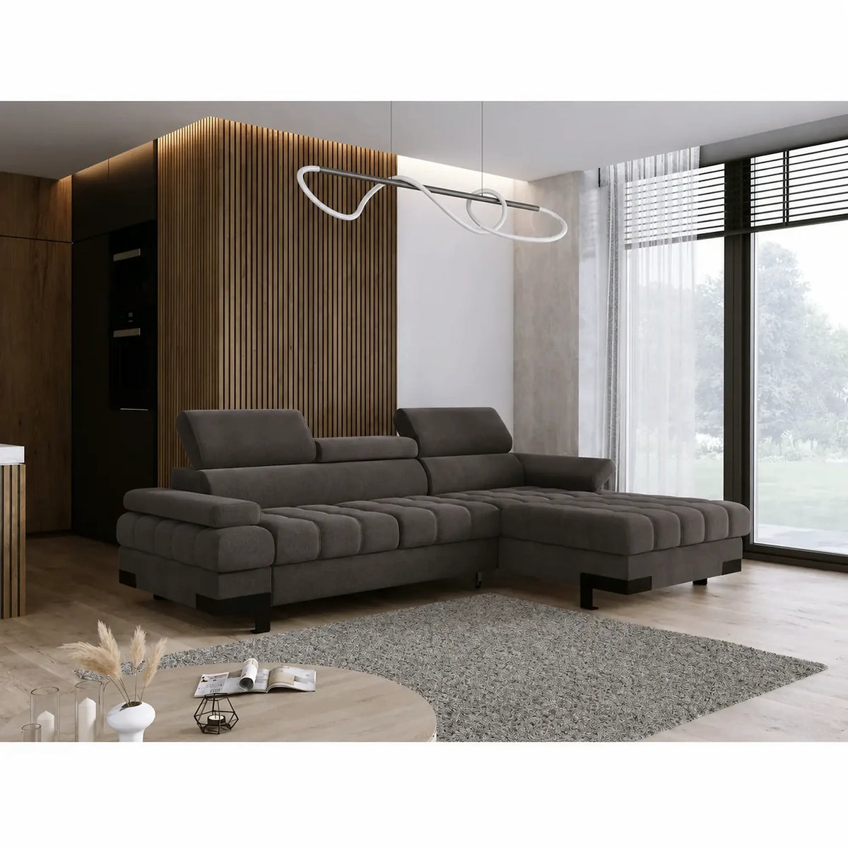 Coltar extensibil SELVA MINI, sezlong dreapta, stofa catifelata gri grafit - Salvador 16, cu lada depozitare si tetiere reglabile, 270x173x95 cm