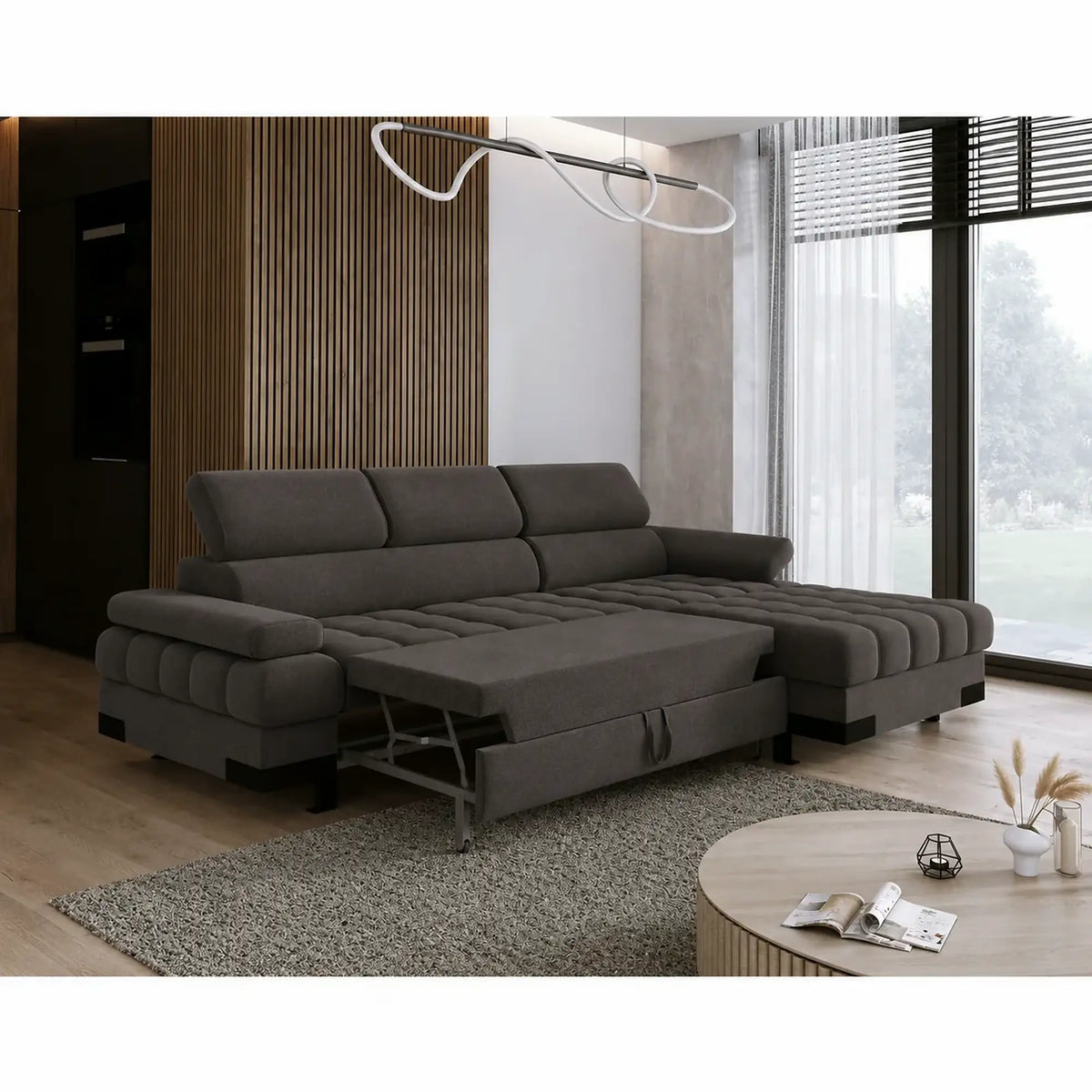 Coltar extensibil SELVA MINI, sezlong dreapta, stofa catifelata gri grafit - Salvador 16, cu lada depozitare si tetiere reglabile, 270x173x95 cm