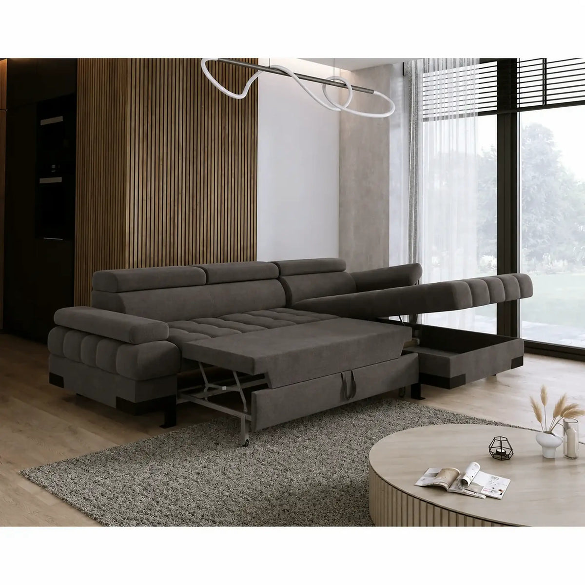 Coltar extensibil SELVA MINI, sezlong dreapta, stofa catifelata gri grafit - Salvador 16, cu lada depozitare si tetiere reglabile, 270x173x95 cm