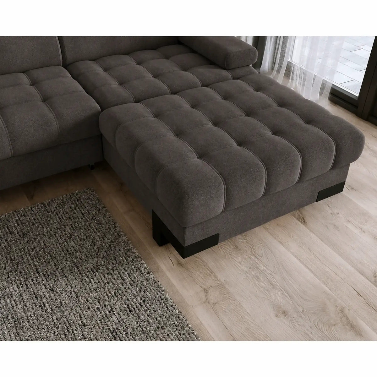 Coltar extensibil SELVA MINI, sezlong dreapta, stofa catifelata gri grafit - Salvador 16, cu lada depozitare si tetiere reglabile, 270x173x95 cm