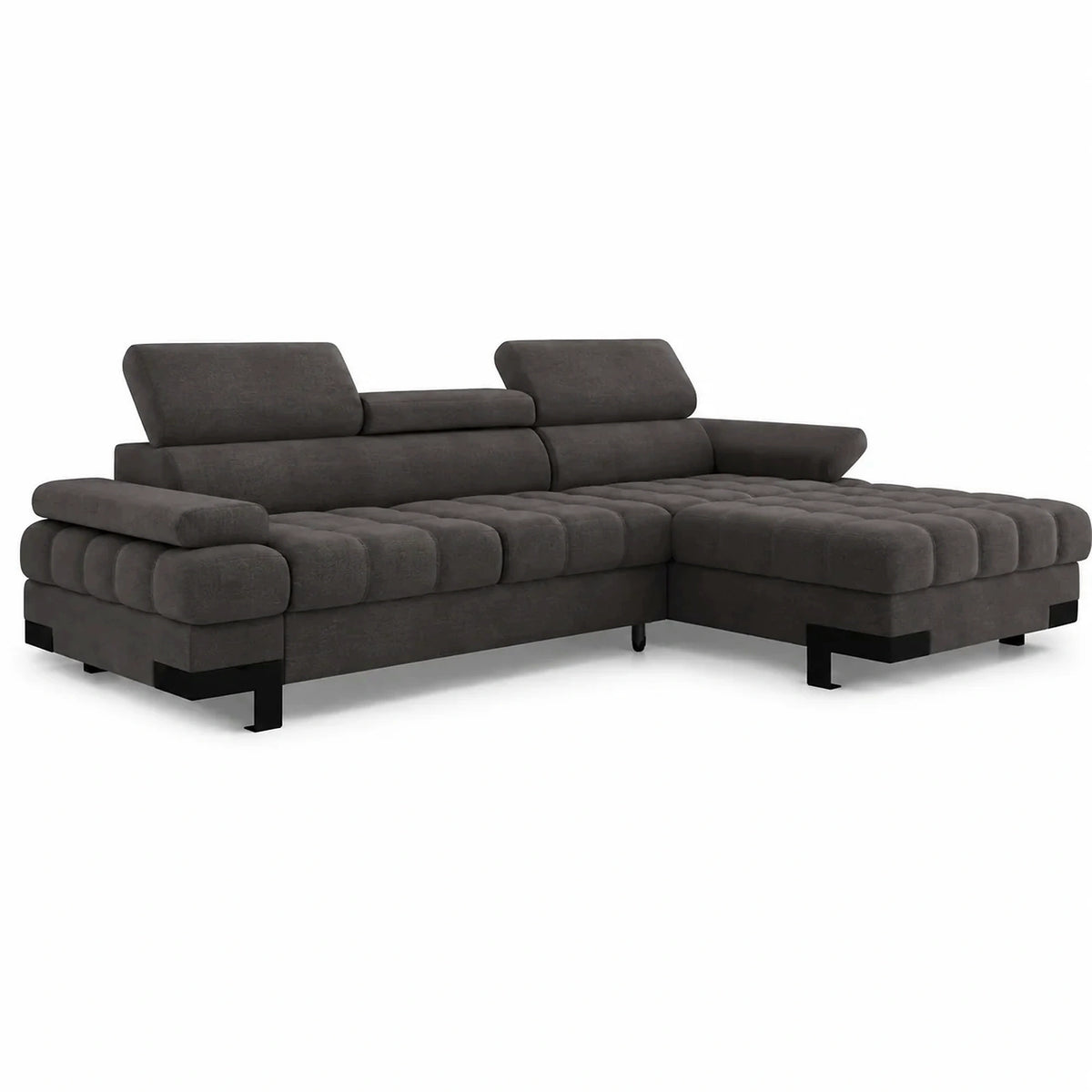 Coltar extensibil SELVA MINI, sezlong dreapta, stofa catifelata gri grafit - Salvador 16, cu lada depozitare si tetiere reglabile, 270x173x95 cm