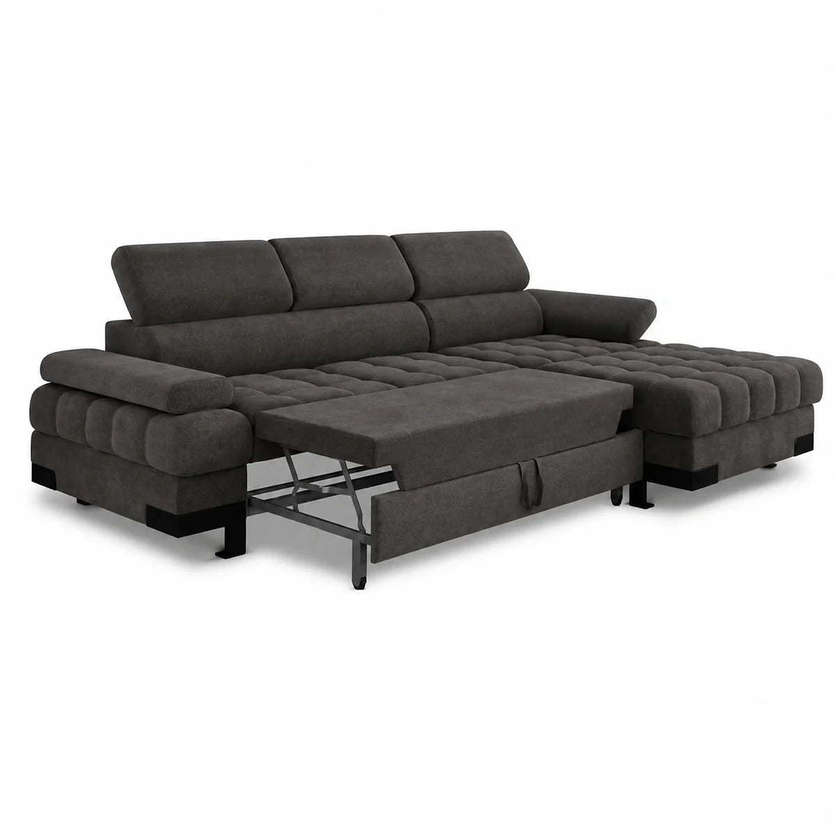 Coltar extensibil SELVA MINI, sezlong dreapta, stofa catifelata gri grafit - Salvador 16, cu lada depozitare si tetiere reglabile, 270x173x95 cm